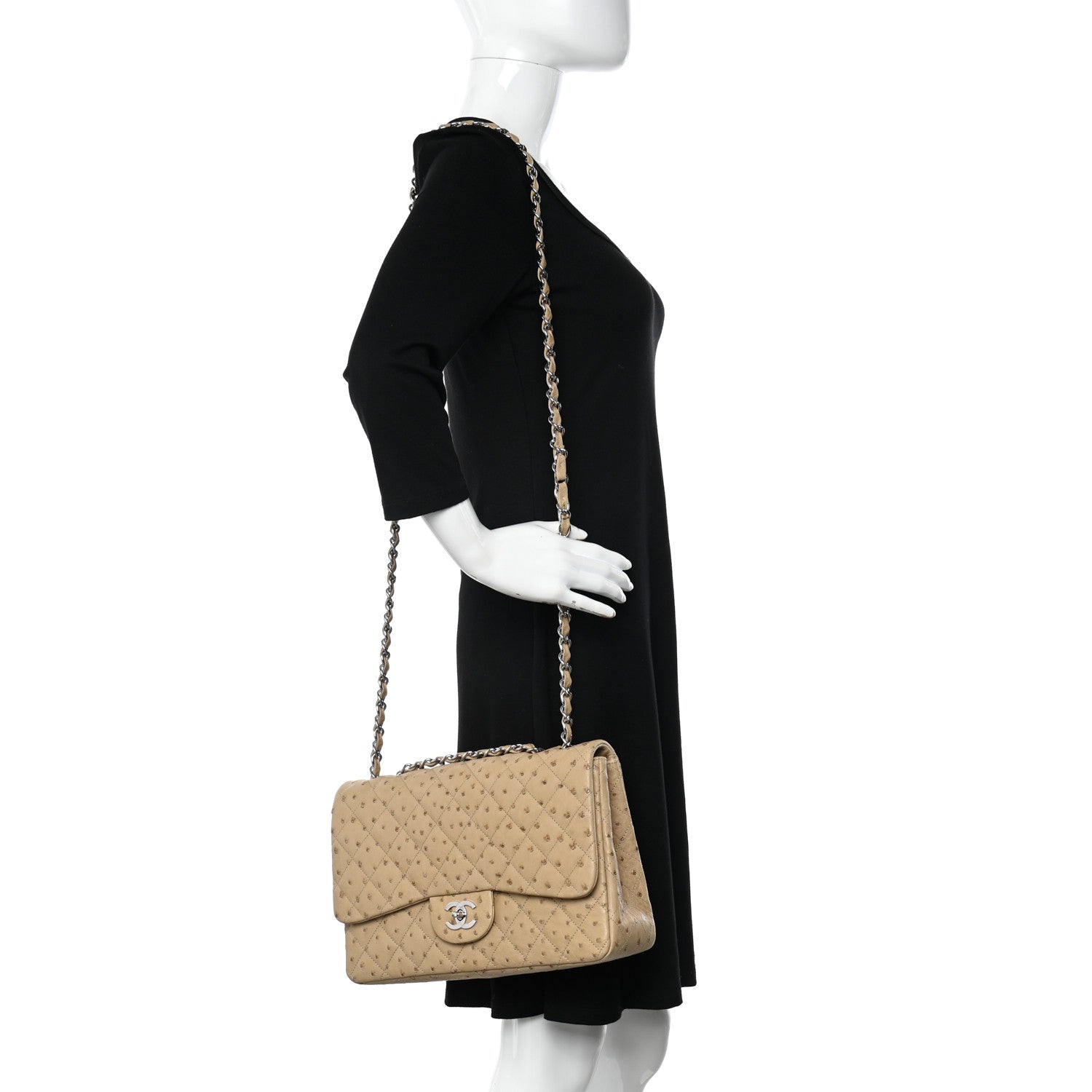 Chanel Ostrich Jumbo Single Flap Light Beige 2 of 12