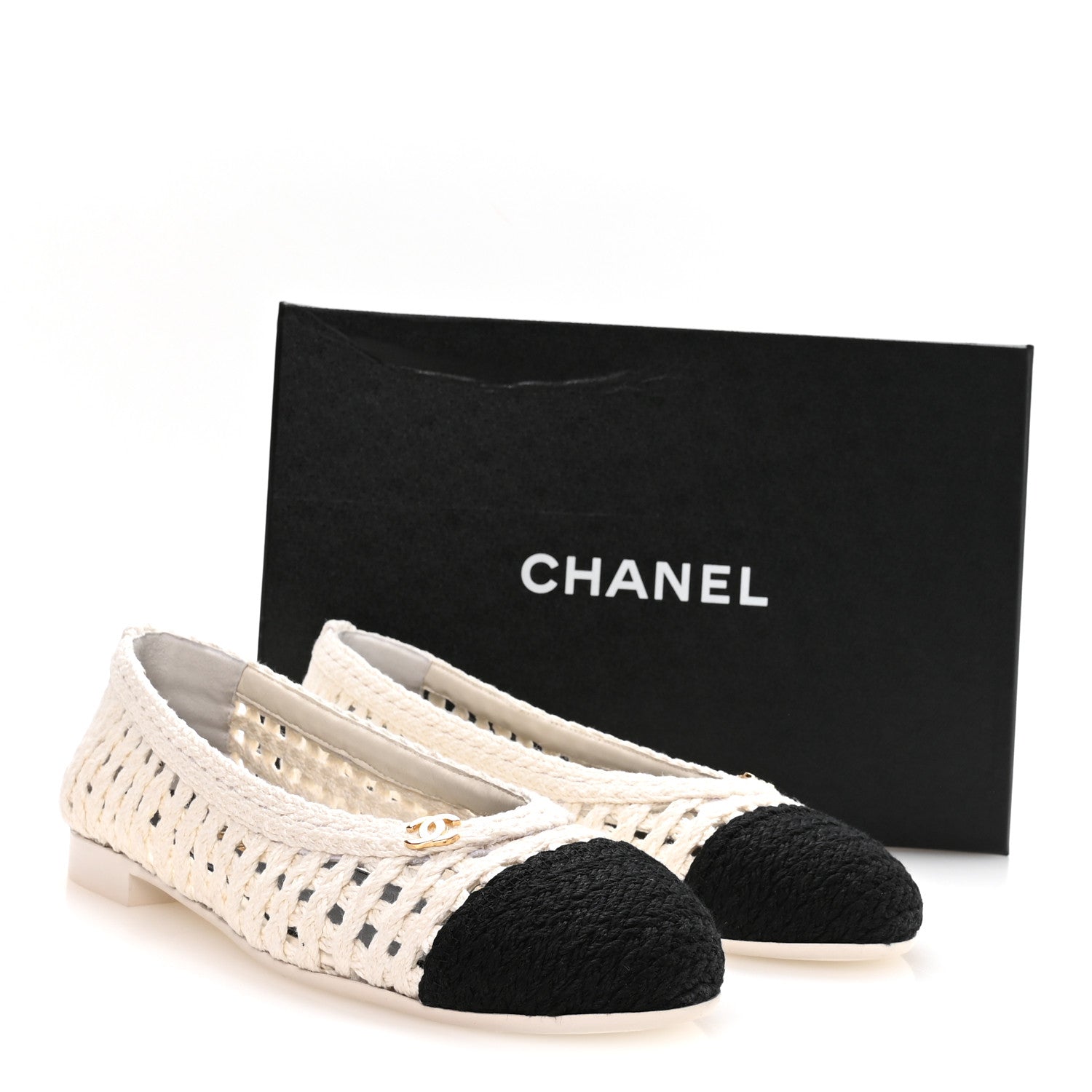 Chanel Mesh Crochet Cap Toe Ballerina Flats 39.5 White Black 8 of 8