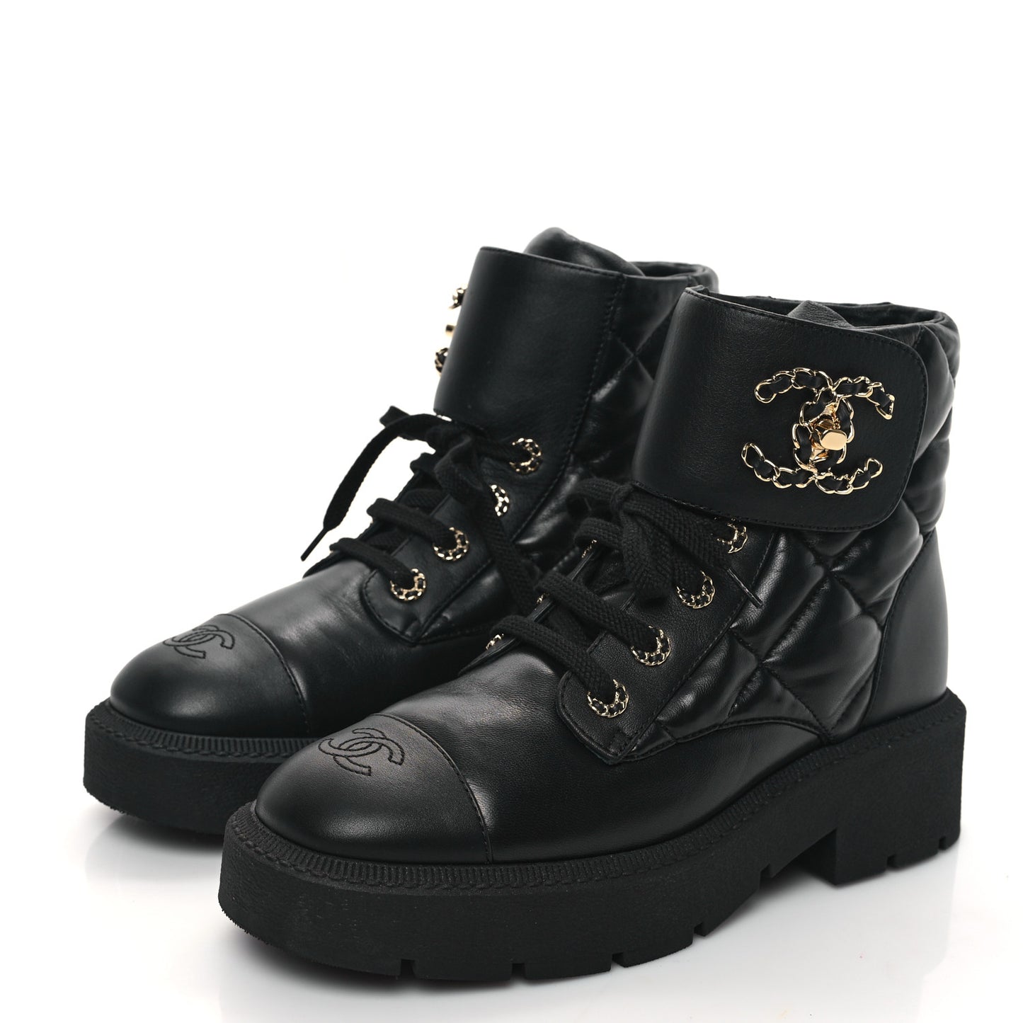 Lambskin Calfskin Quilted Lace Up Combat Boots 40 Black