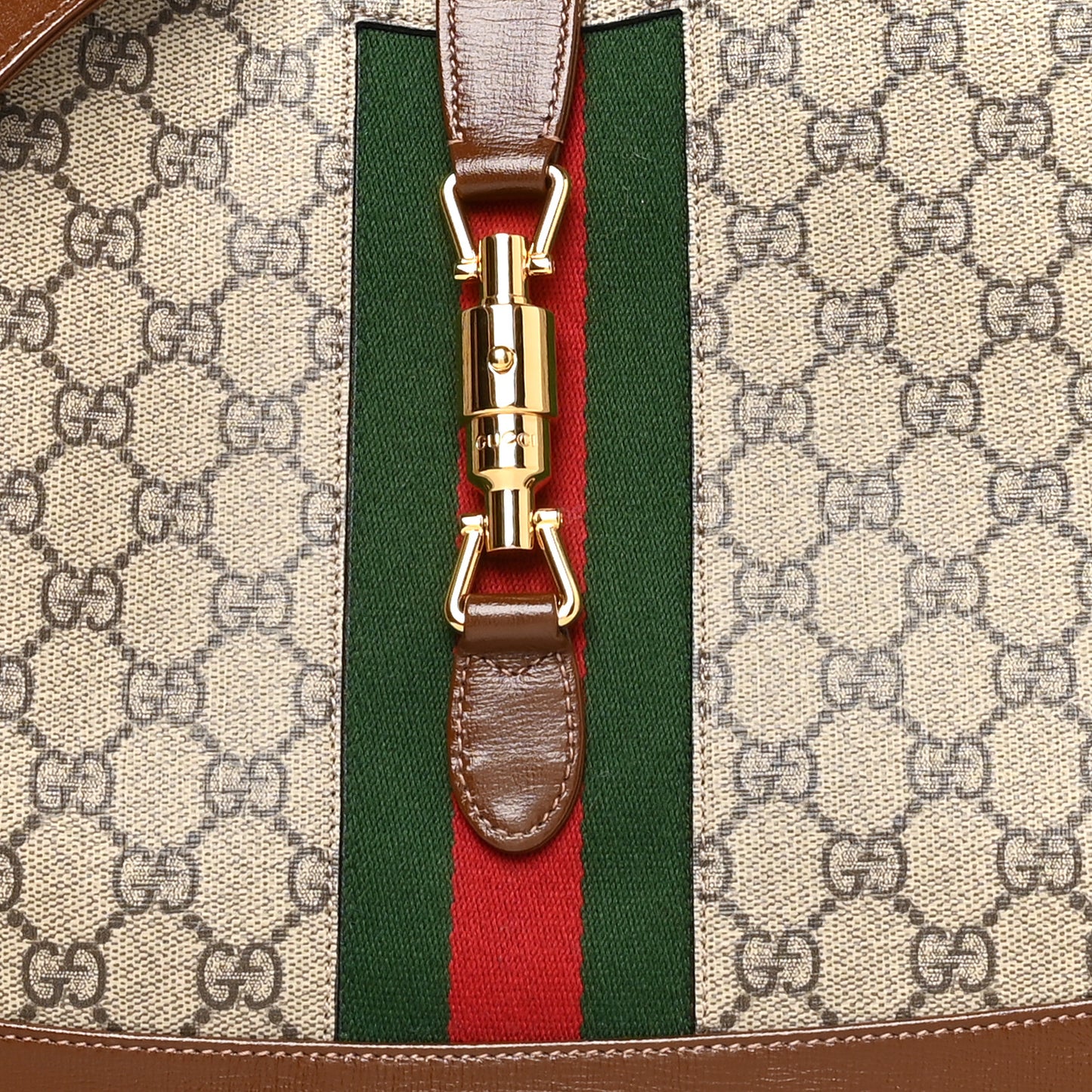 GG Supreme Monogram Azalea Calfskin Web Medium Jackie 1961 Hobo Beige Ebony Brown Sugar