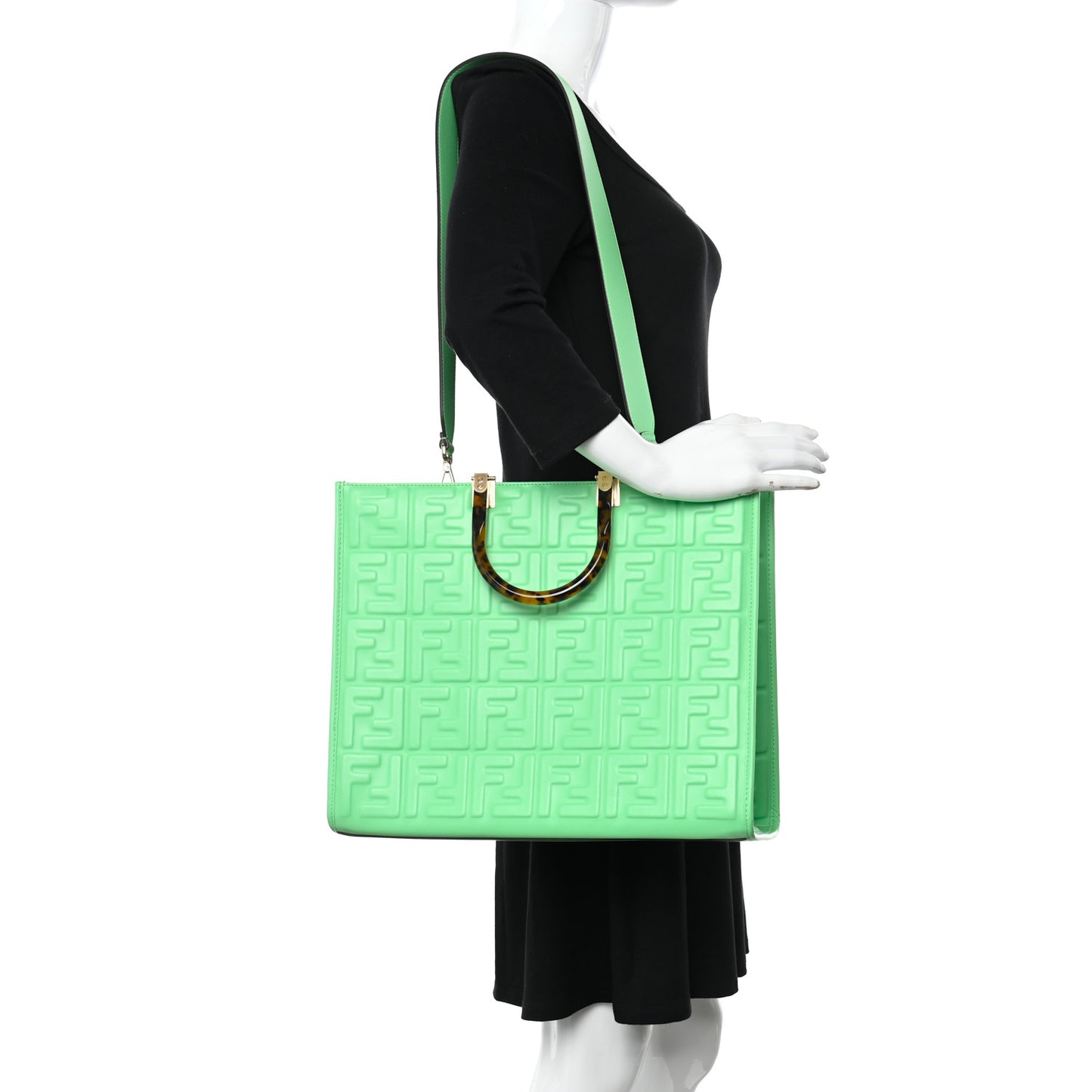 Vitello Plexiglass FF Embossed Medium Fendi Sunshine Shopper Tote Edamame