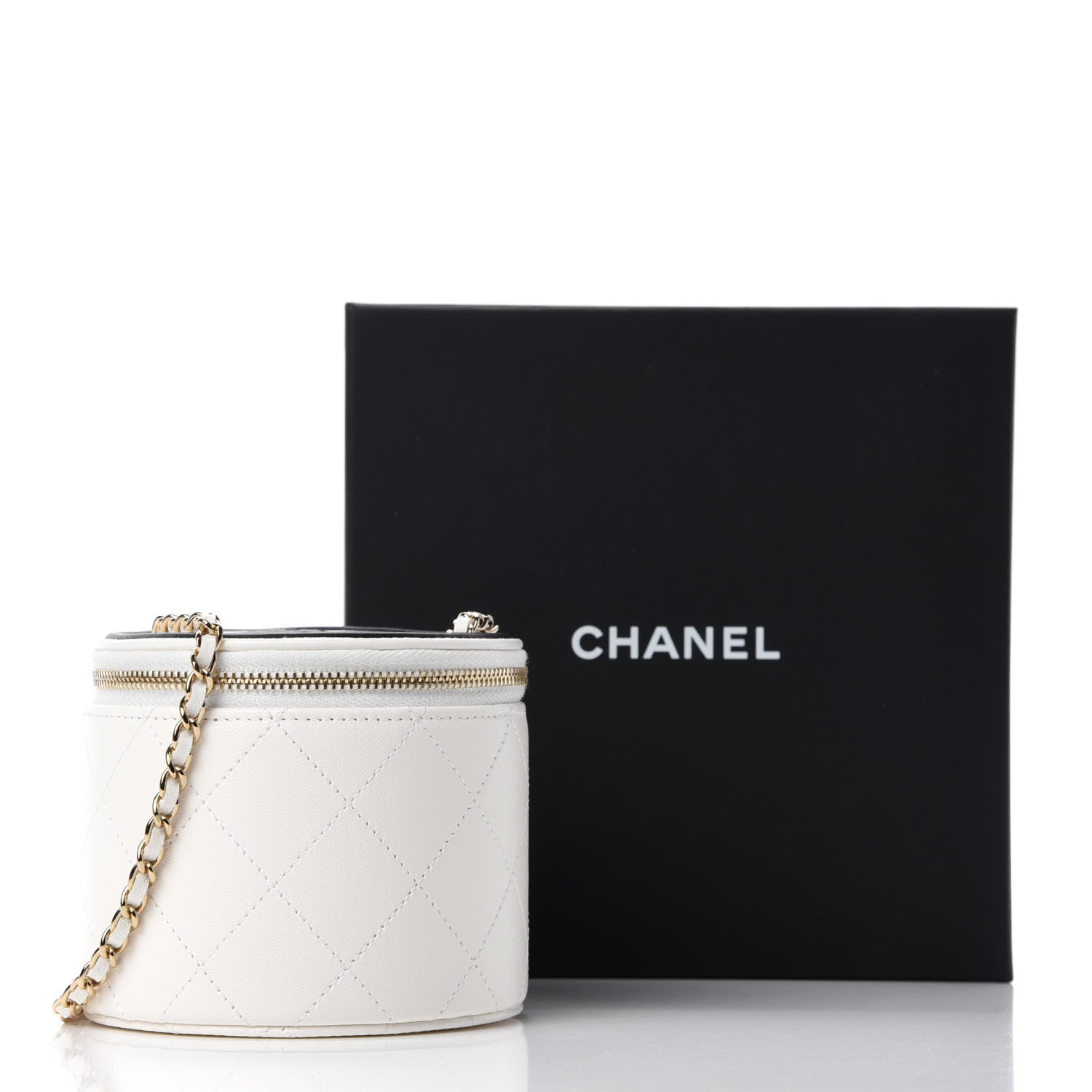 Chanel Lambskin Quilted Round Small Vanity Case With Chain White Black 12 of 12