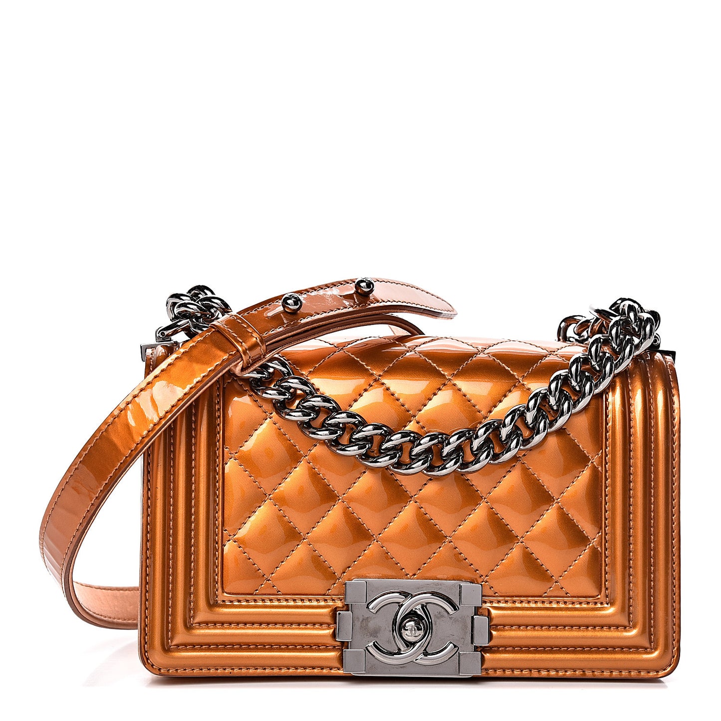 Metallic Patent Calfskin Quilted Small Boy Flap Orange