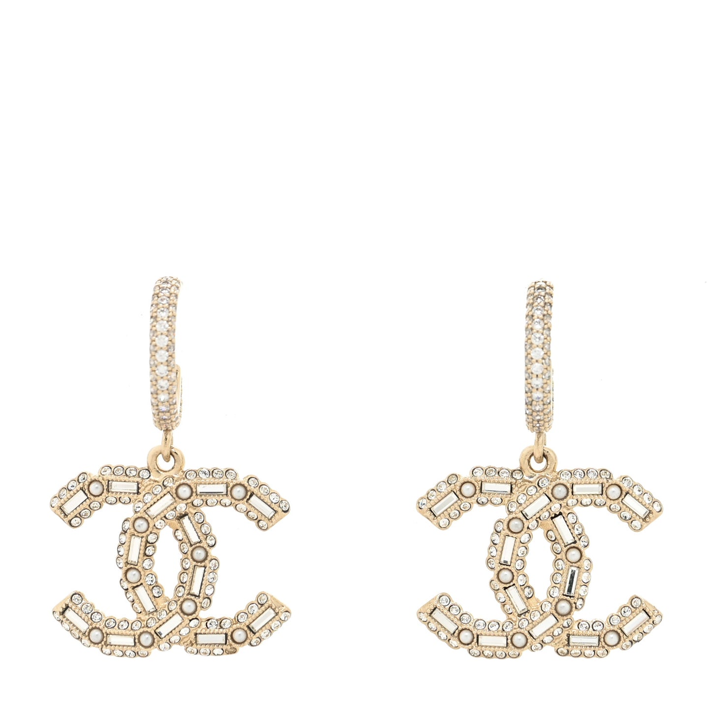 Crystal Baguette Pearl CC Drop Hoop Earrings Gold Pearly White