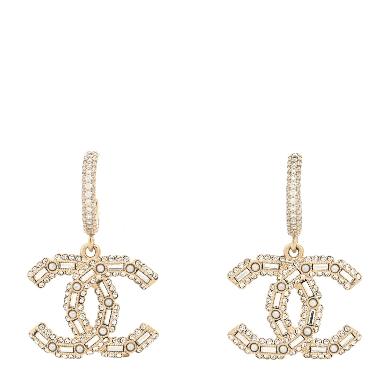 Chanel Crystal Baguette Pearl CC Drop Hoop Earrings Gold Pearly White 1 of 4