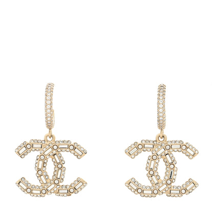 Chanel Crystal Baguette Pearl CC Drop Hoop Earrings Gold Pearly White 1 of 4