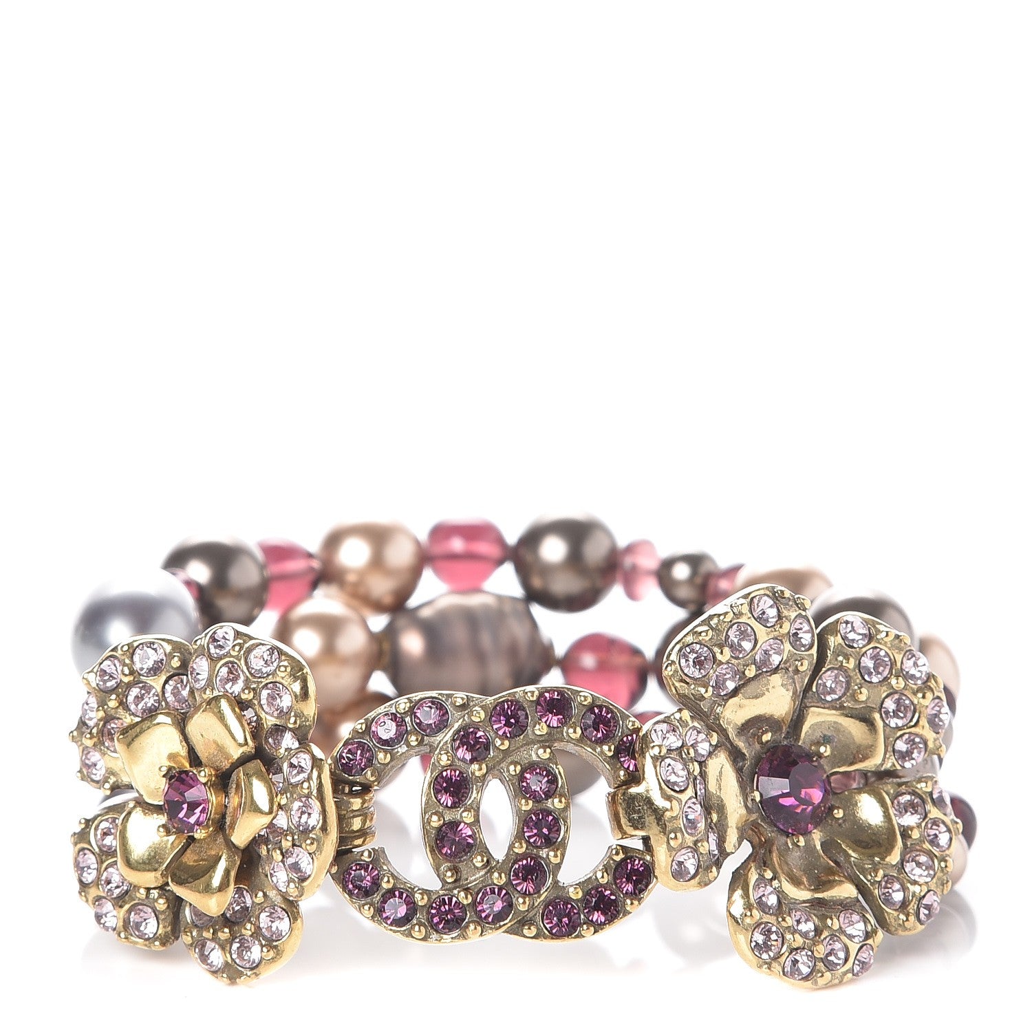 Chanel Crystal Bead CC Camellia Bracelet Purple Gold 1 of 6