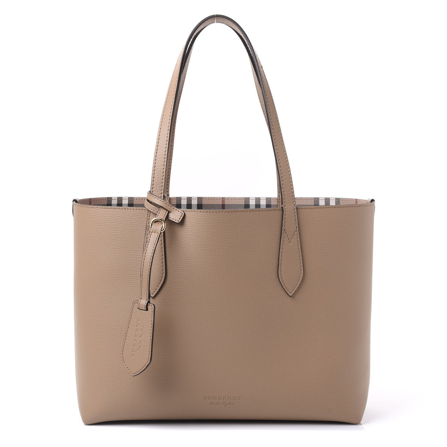 Grainy Calfskin Haymarket Check Small Reversible Tote Mid Camel