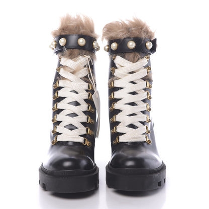 Gucci Magnum Calfskin Fur Pearl Lace Up Combat Ankle Boots 39 Black Naturale 2 of 7
