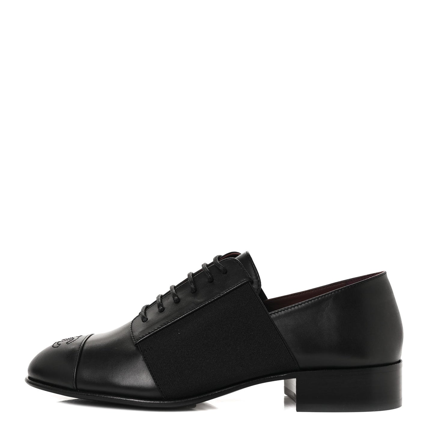 Calfskin Elastic Lace Up Cap Toe CC Loafers 36 Black