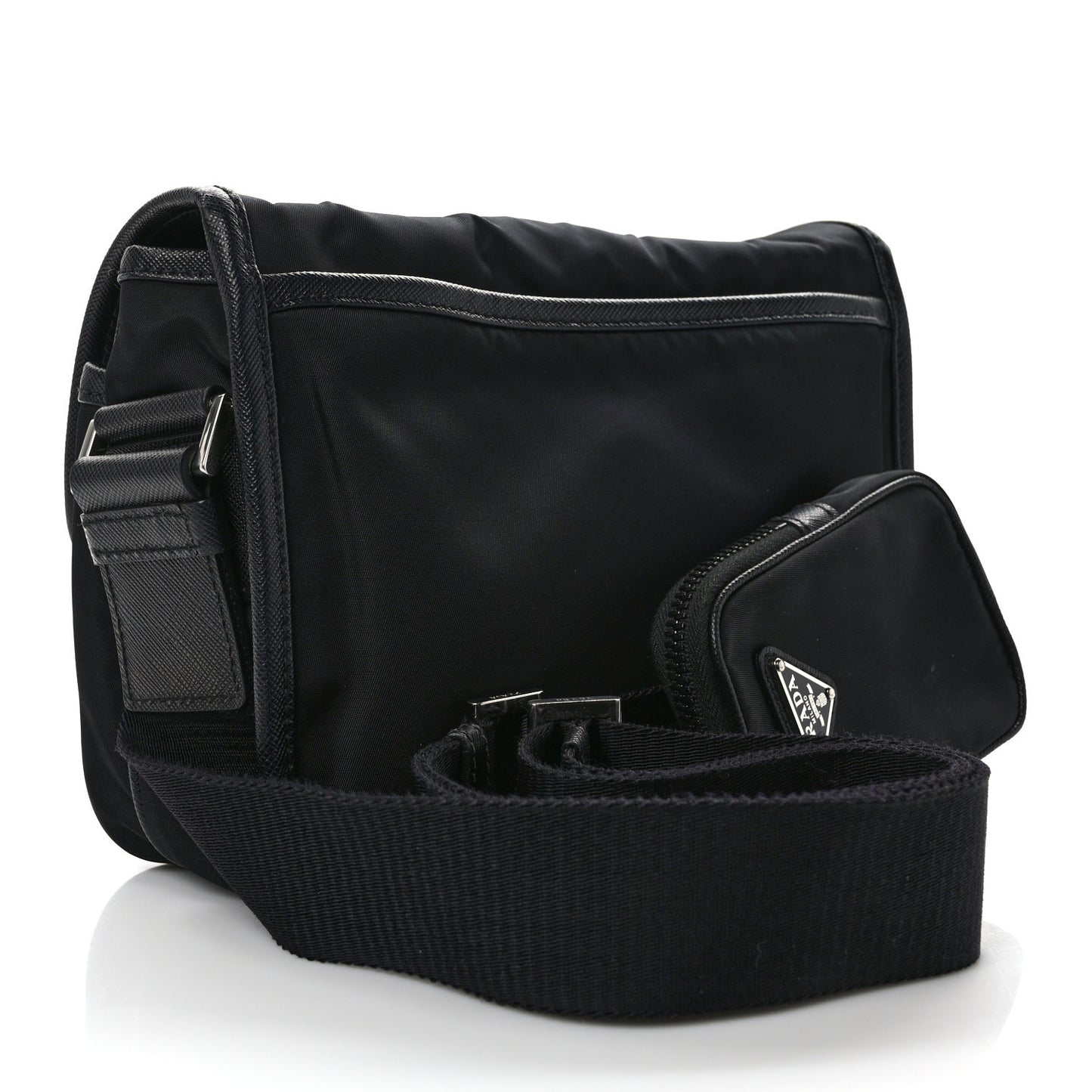 Re-Nylon Saffiano Pocket Double Snap Buckle Shoulder Bag Black