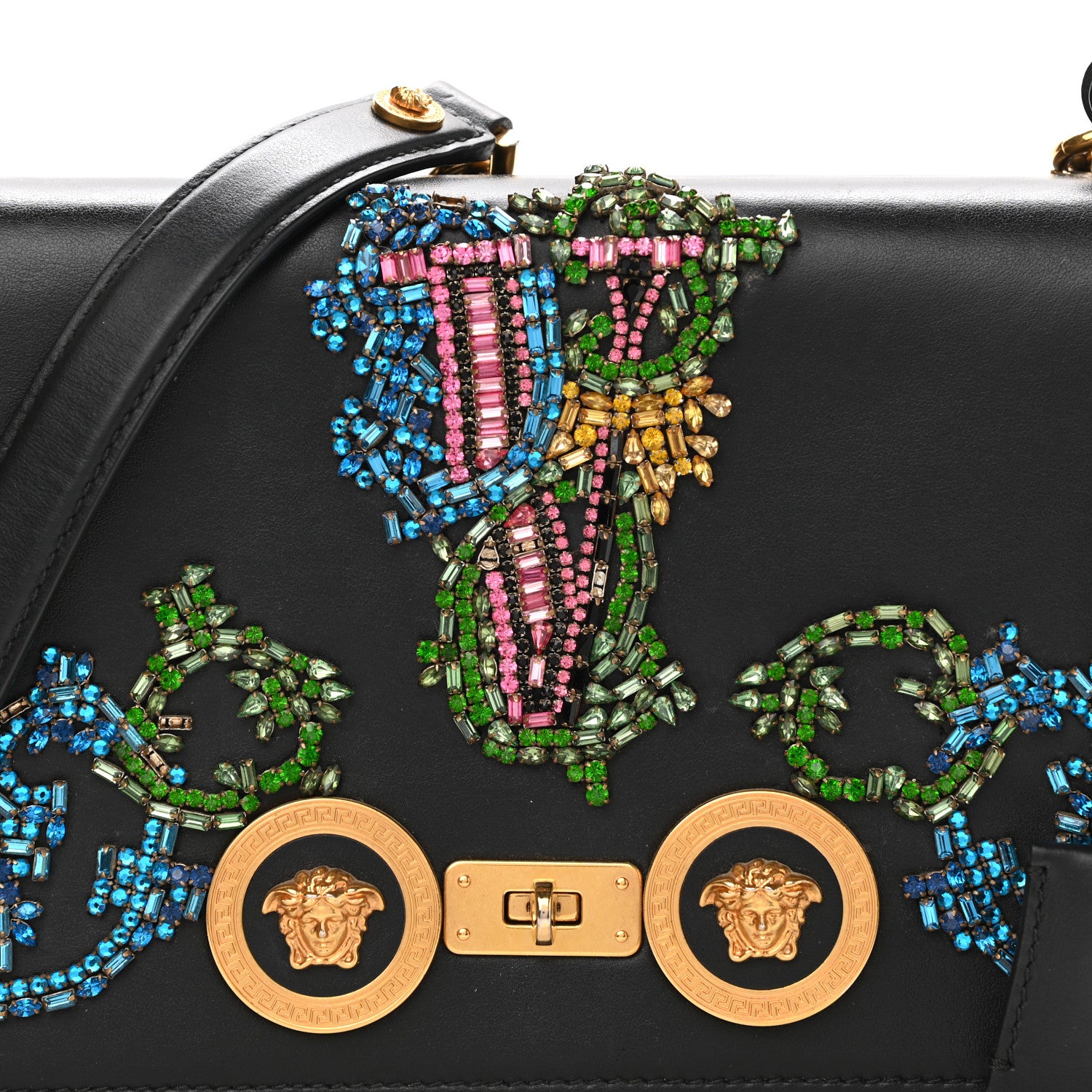 Versace Nappa Crystal Embroidered Medium Icon Flap Black 7 of 14