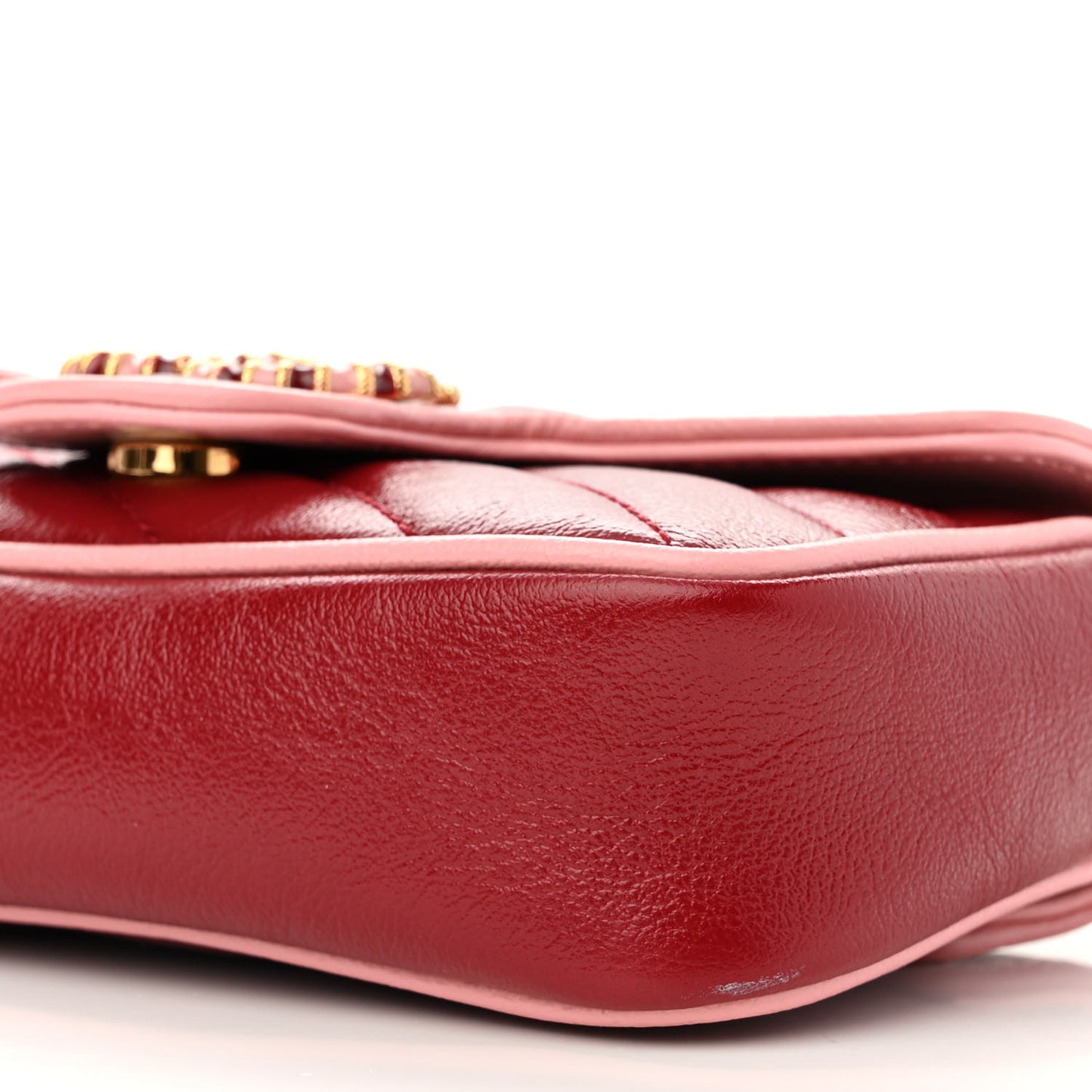 Azalea Calfskin Enamel Matelasse Diagonal Super Mini Torchon GG Marmont Shoulder Bag New Cherry Red Wild Rose