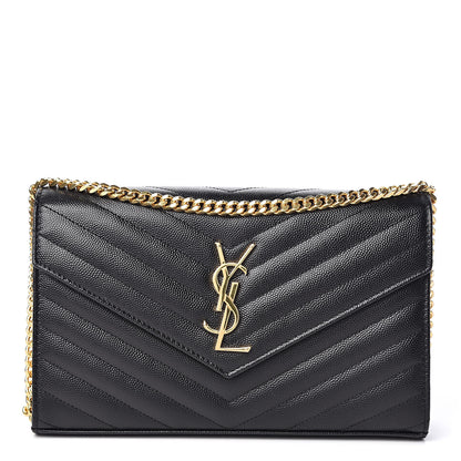 Saint Laurent Grain De Poudre Matelasse Chevron Monogram Chain Wallet Black 1 of 11