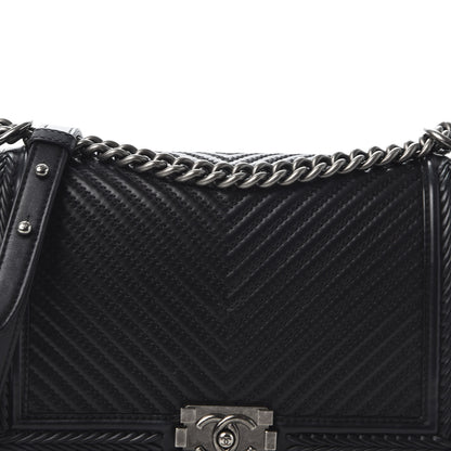Chanel Calfskin Chevron Quilted New Medium Braided Boy Flap Black 9 of 10