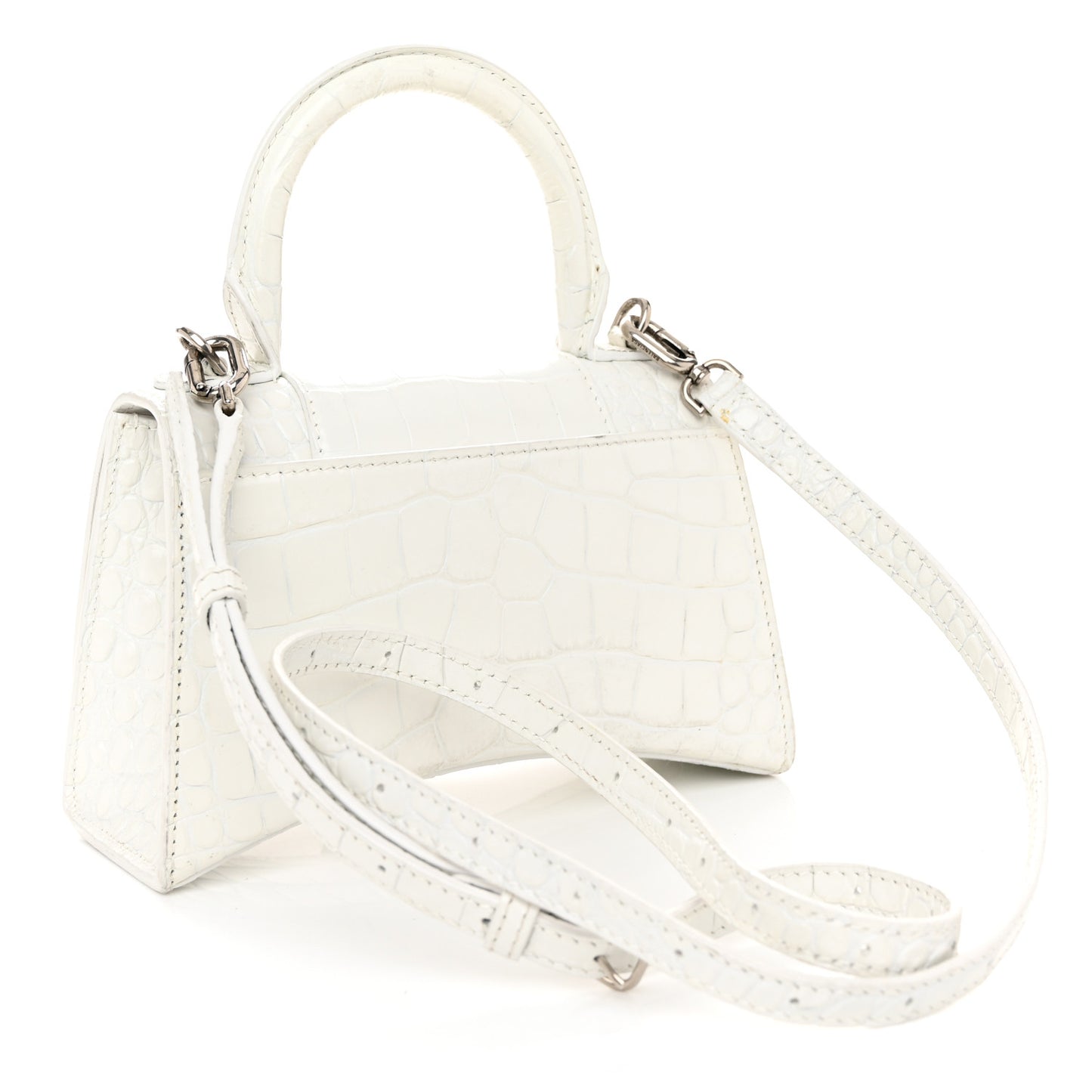 Shiny Calfskin Crocodile Embossed Hourglass Top Handle Bag XS White