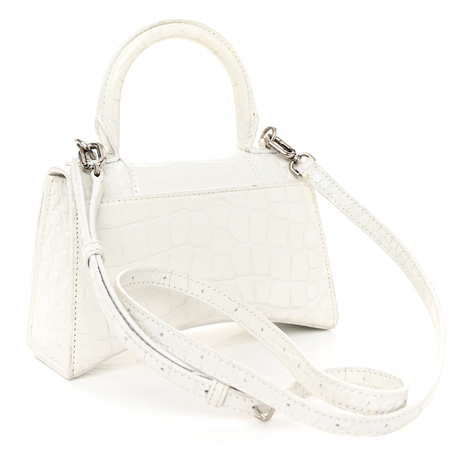 Balenciaga Shiny Calfskin Crocodile Embossed Hourglass Top Handle Bag XS White 3 of 11