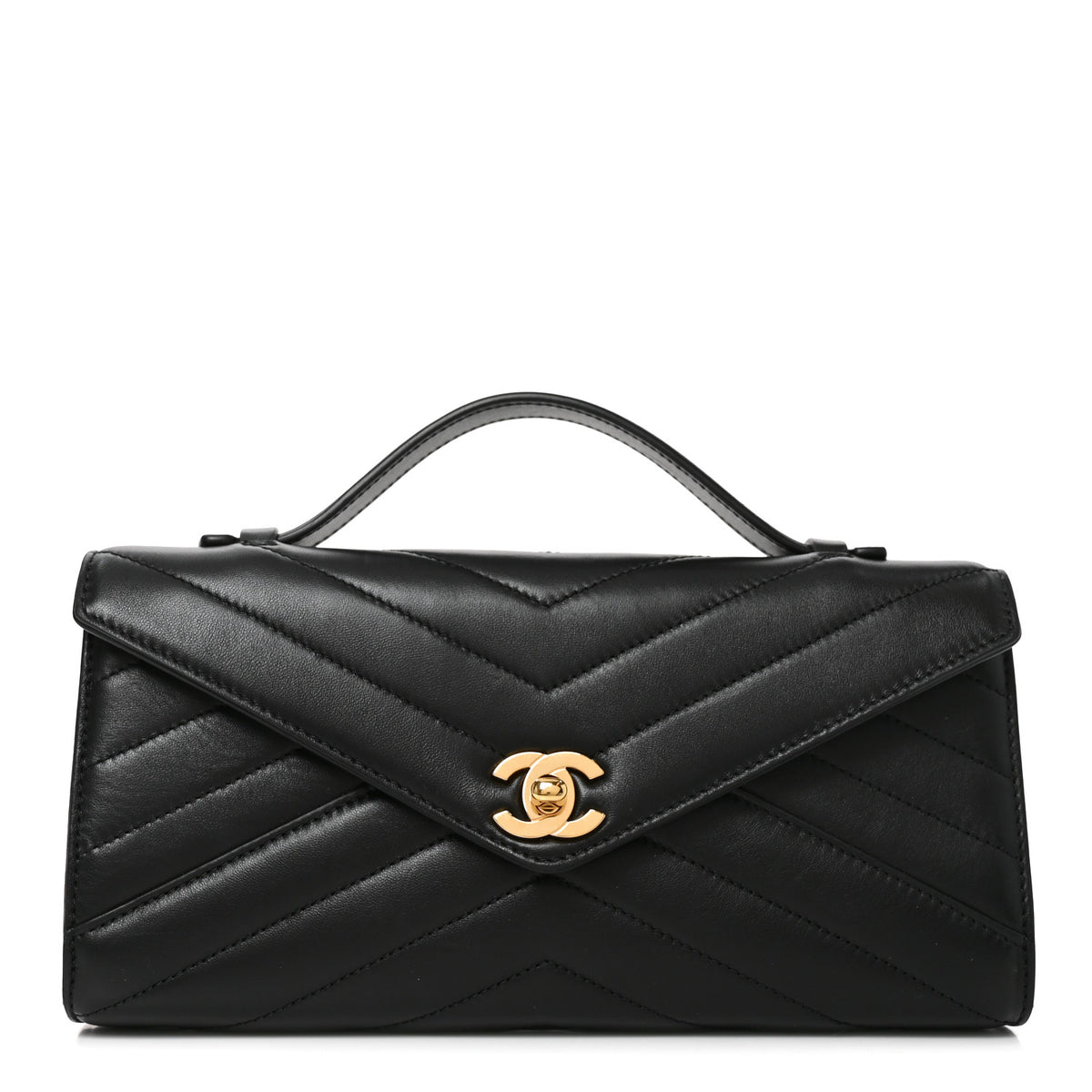 Lambskin Chevron Quilted Top Handle Envelope Clutch Black