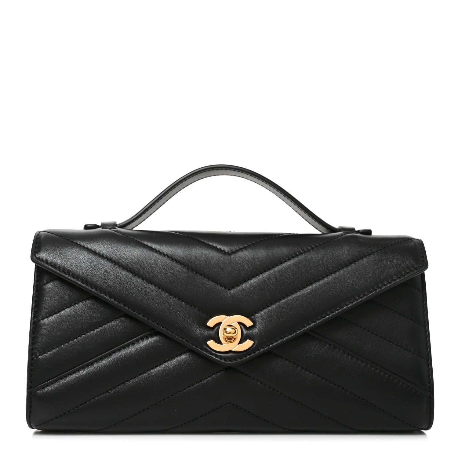 Chanel Lambskin Chevron Quilted Top Handle Envelope Clutch Black 1 of 10