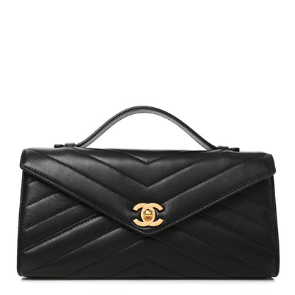 Chanel Lambskin Chevron Quilted Top Handle Envelope Clutch Black 1 of 10