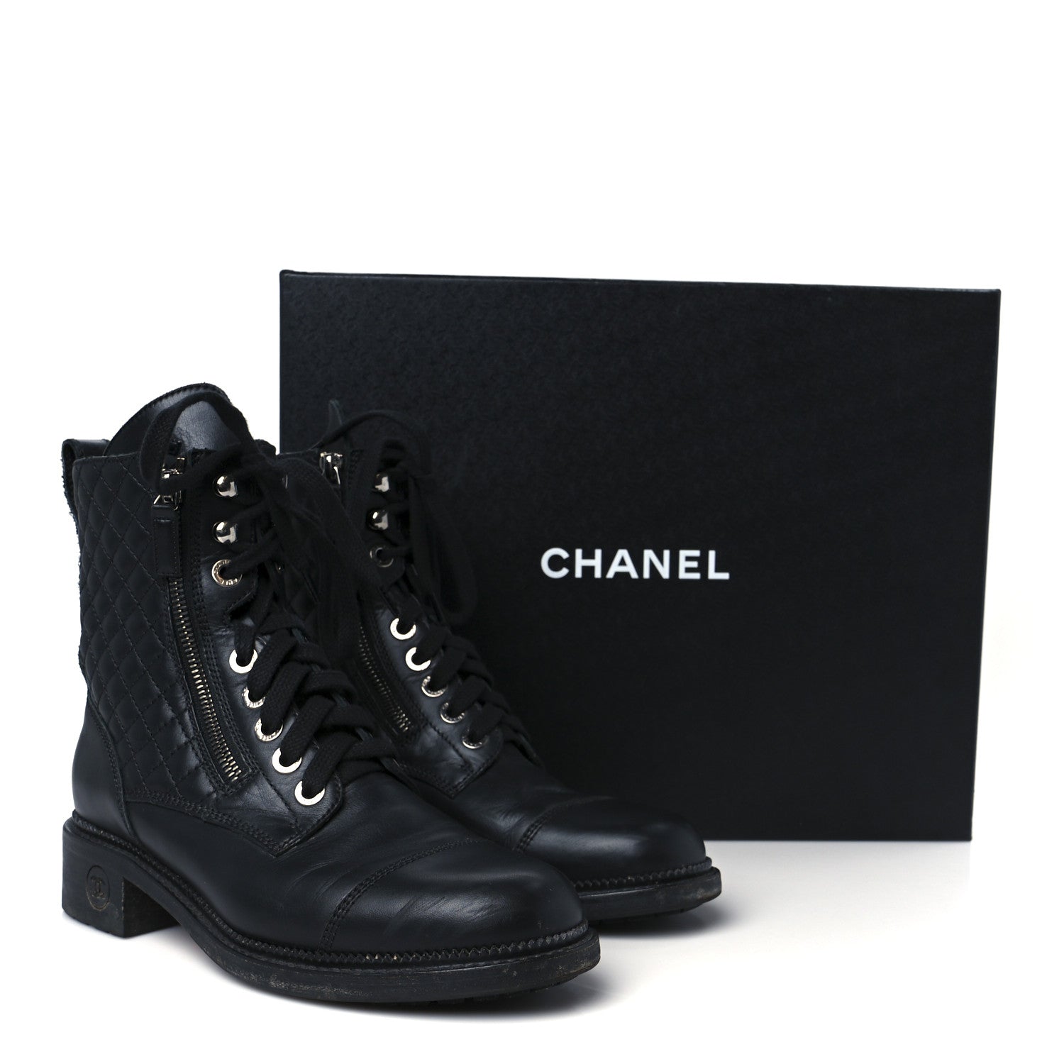 Chanel Calfskin Quilted Lace Up Combat Boots 39 Black 11 of 12