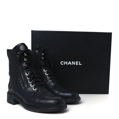 Chanel Calfskin Quilted Lace Up Combat Boots 39 Black 11 of 12
