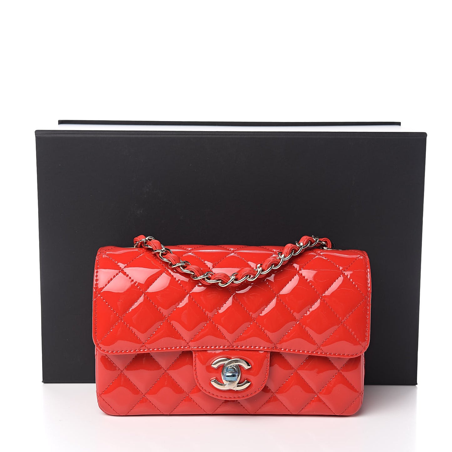 Patent Calfskin Quilted Mini Rectangular Flap Red