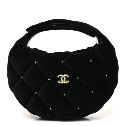 Chanel Velvet Diamanté Quilted Pocket Pouch Hobo Black 1 of 12
