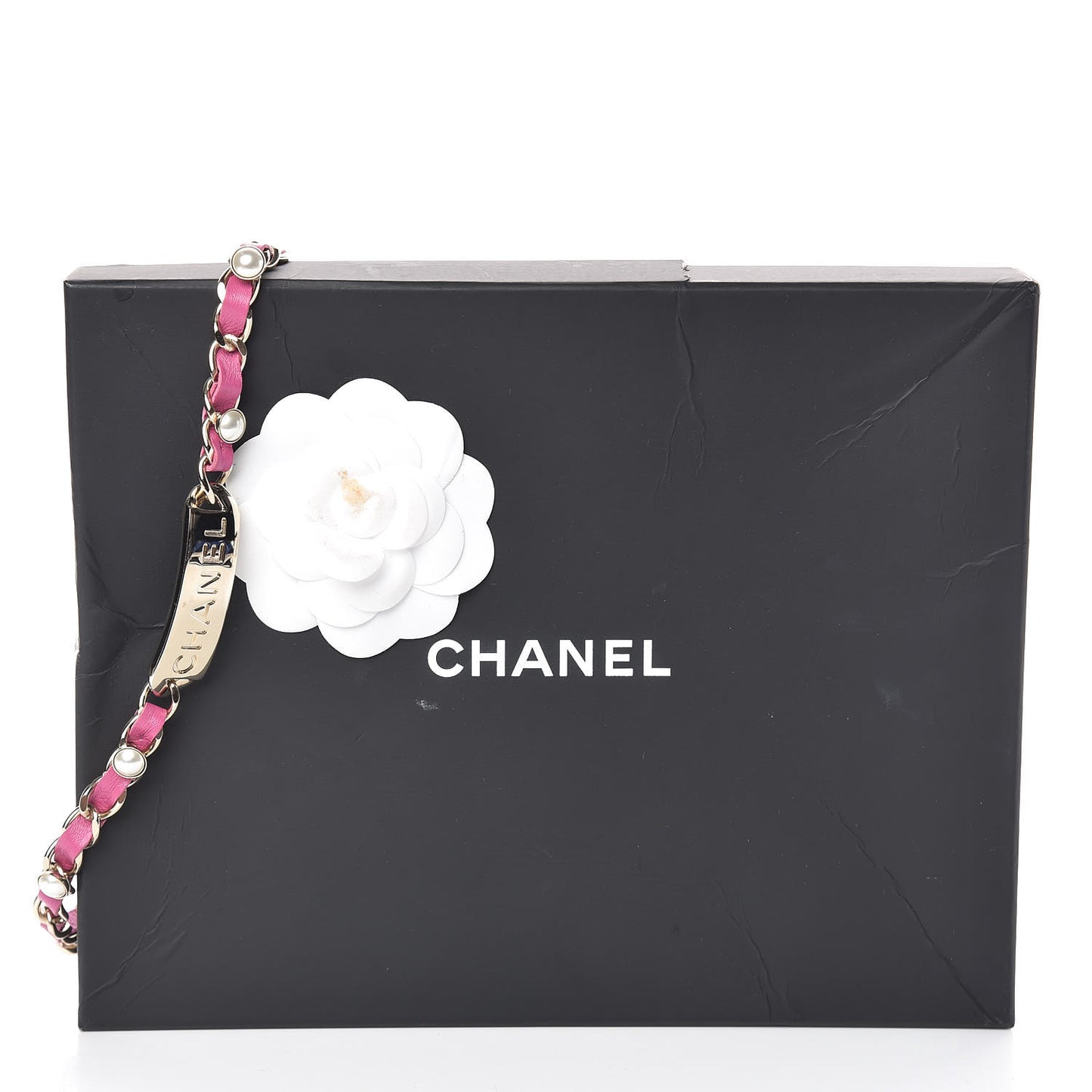 Metal Lambskin Pearl Name Plate Choker Necklace Pink Gold