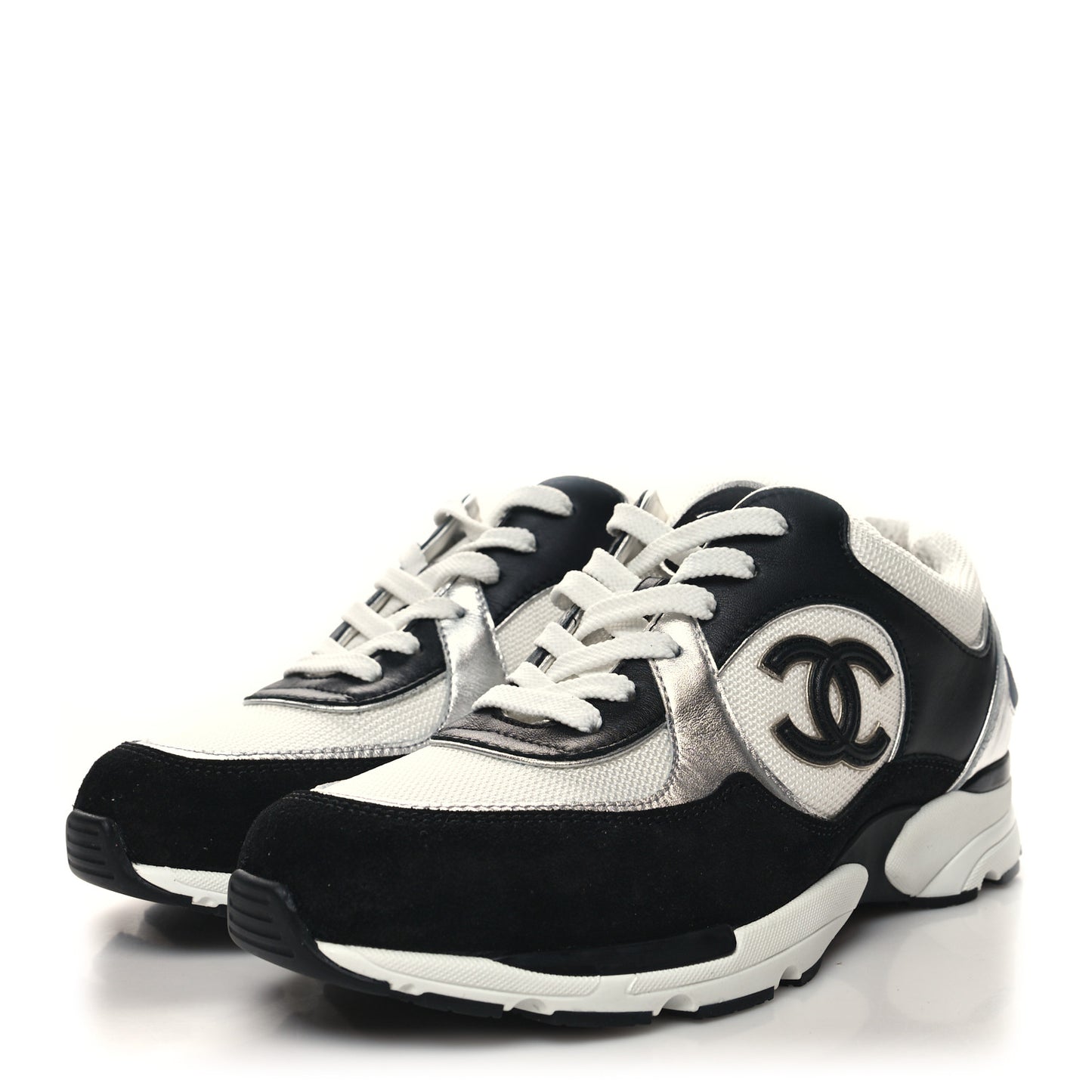 Mesh Suede Calfskin Grained Calfskin Womens CC Sneakers 38 Black White