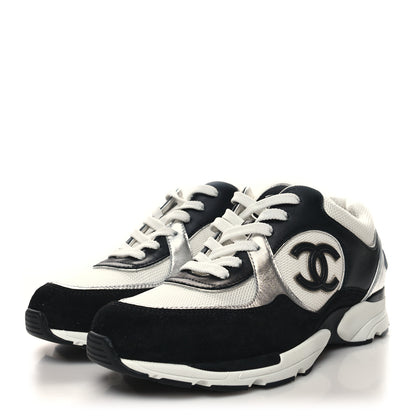 Chanel Mesh Suede Calfskin Grained Calfskin Womens CC Sneakers 38 Black White 3 of 8