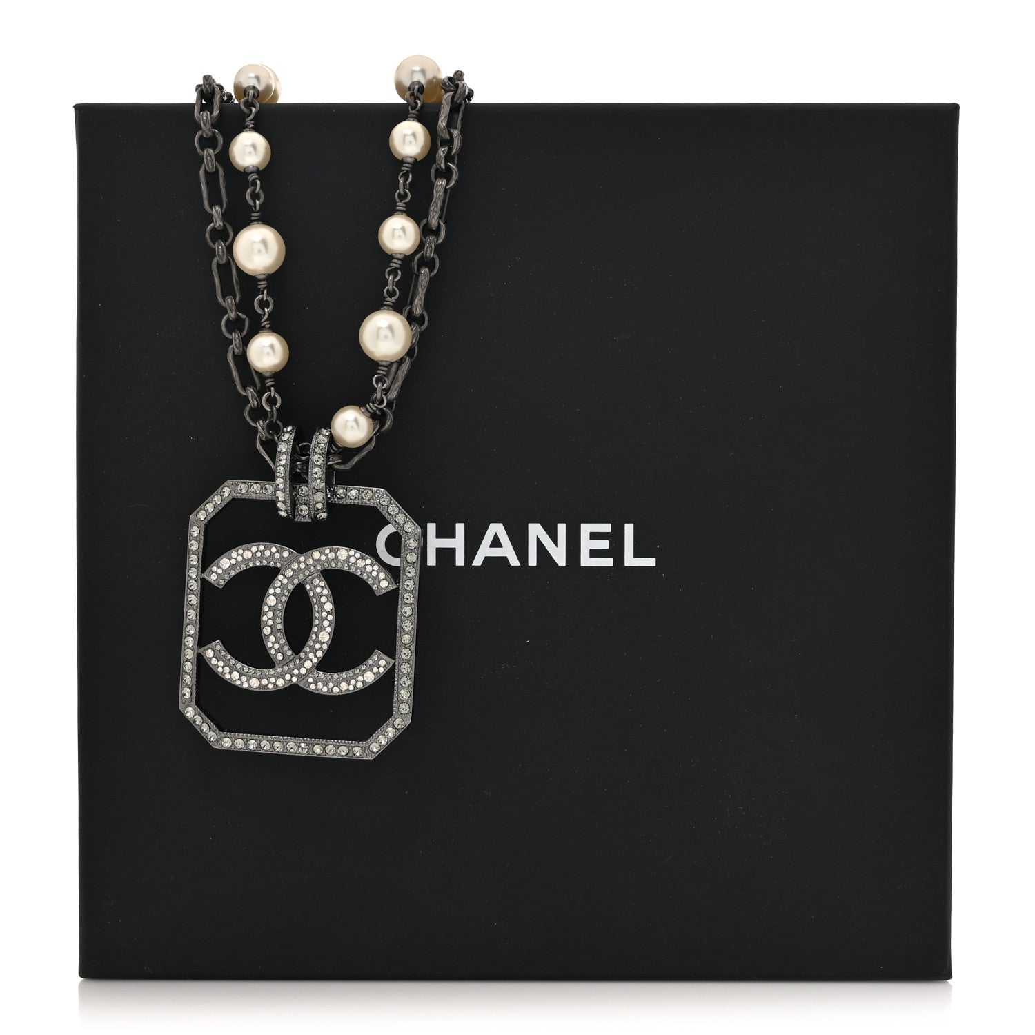 Chanel Pearl Crystal CC Double Strand Necklace Ruthenium 6 of 6