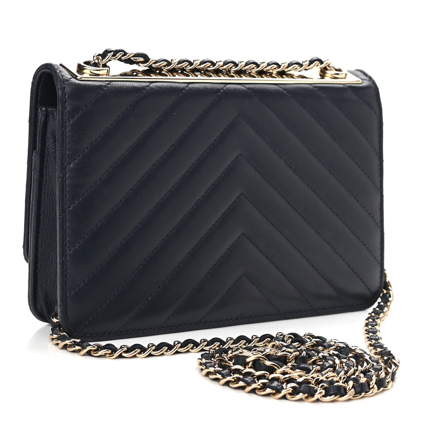 Lambskin Chevron Quilted Trendy CC Wallet On Chain WOC Dark Blue