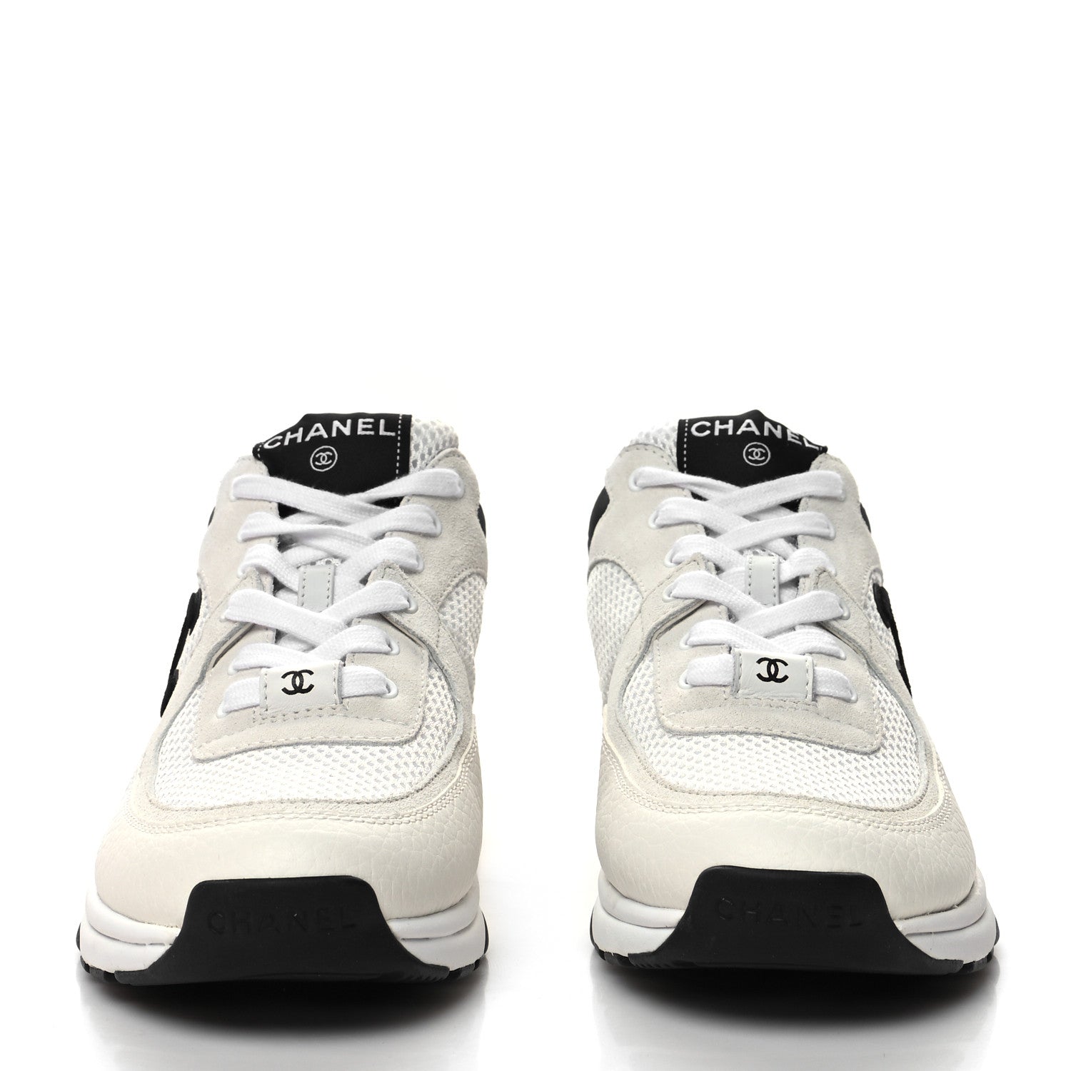 Chanel Mesh Suede Calfskin Grained Calfskin Womens CC Sneakers 37.5 White Black 2 of 7
