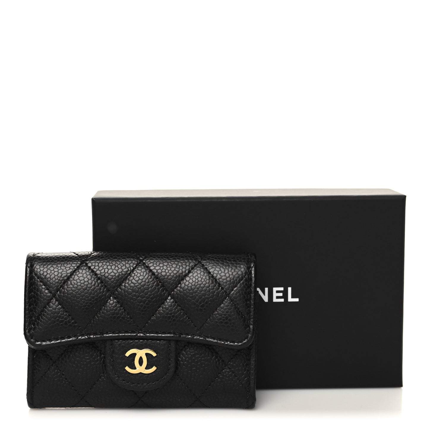 Caviar Quilted Flap Card Holder Wallet Black