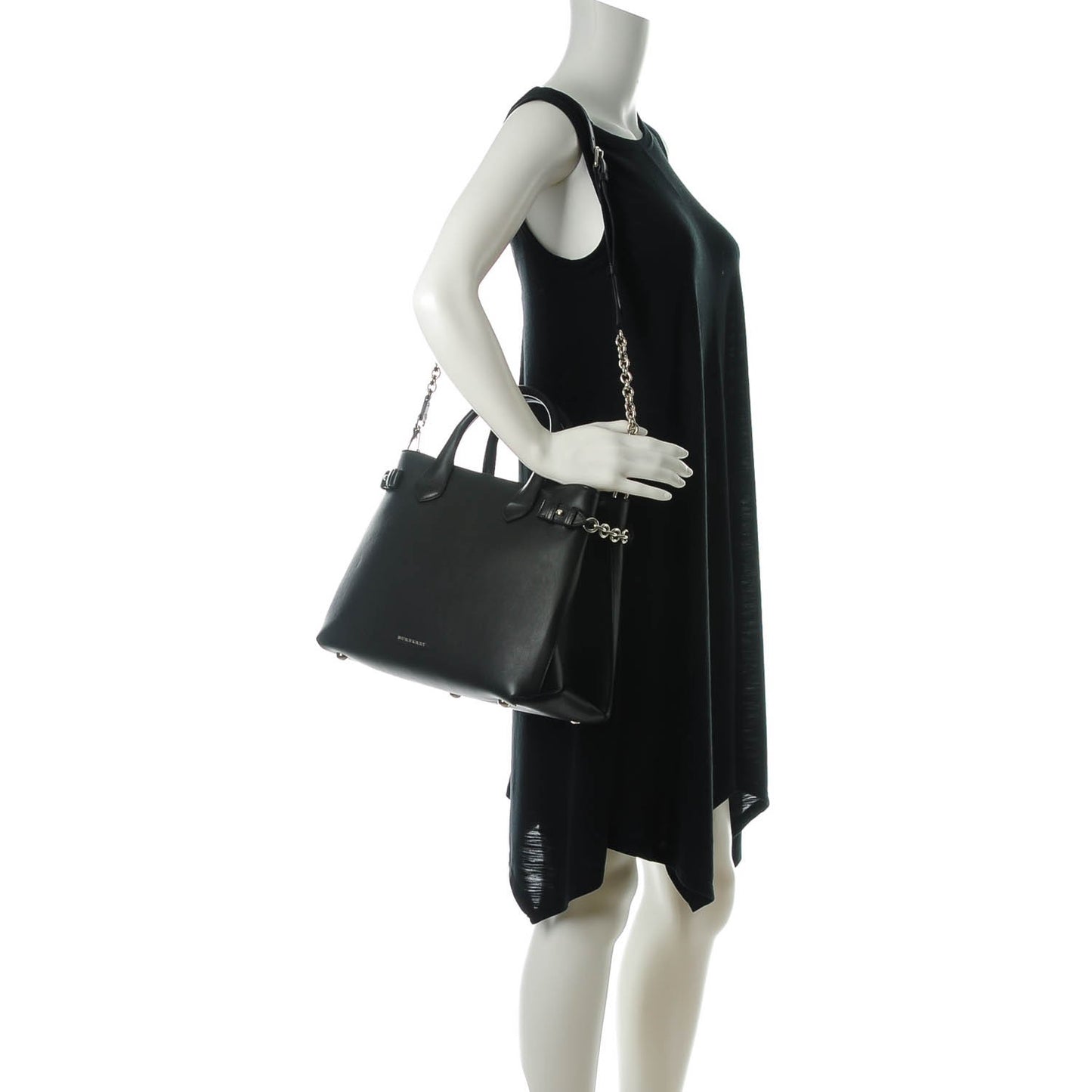 Smooth Calfskin Medium Chain Banner Tote Black