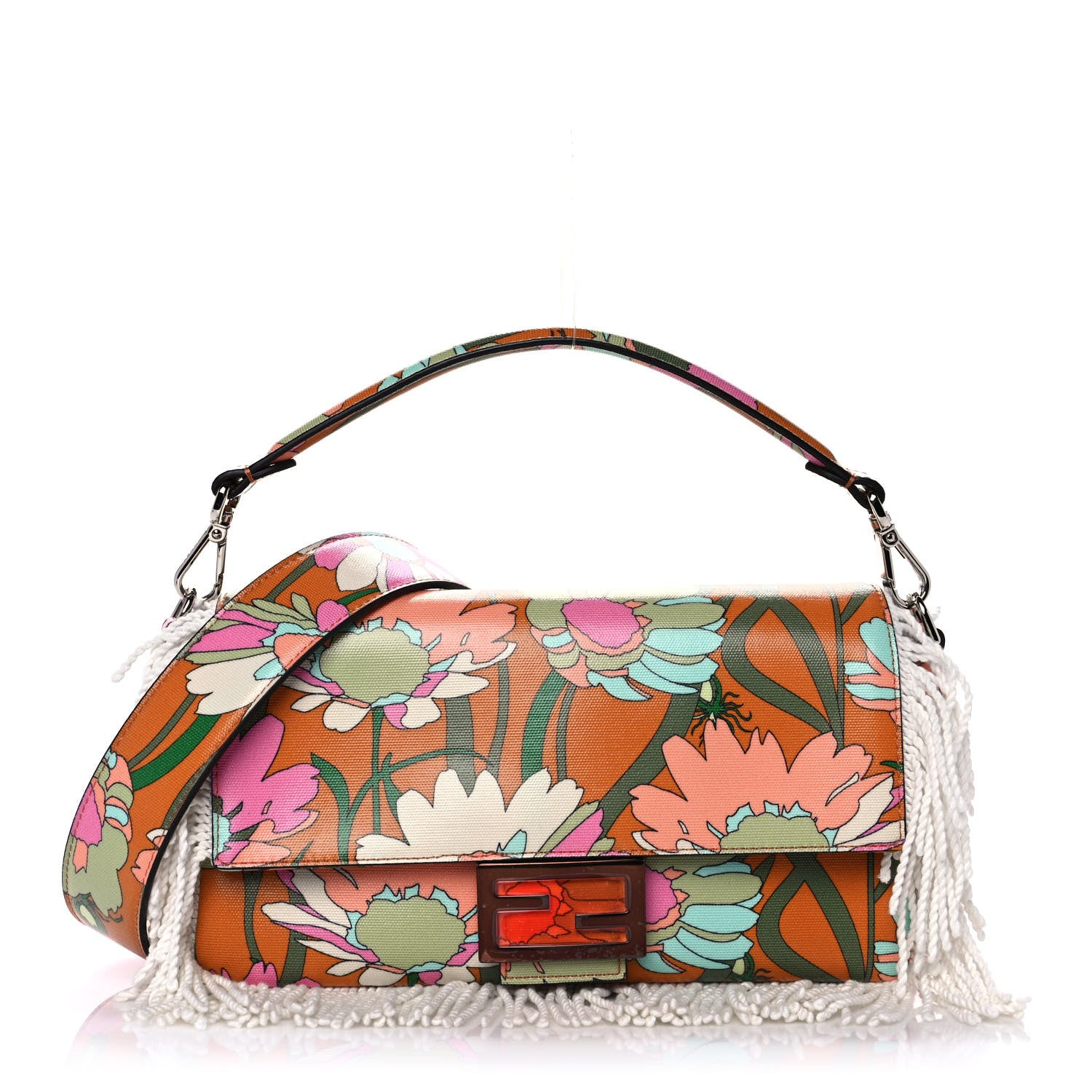 Fendi Coated Canvas Fringe Maxi Daisies Baguette Arancio White Multicolor 1 of 10