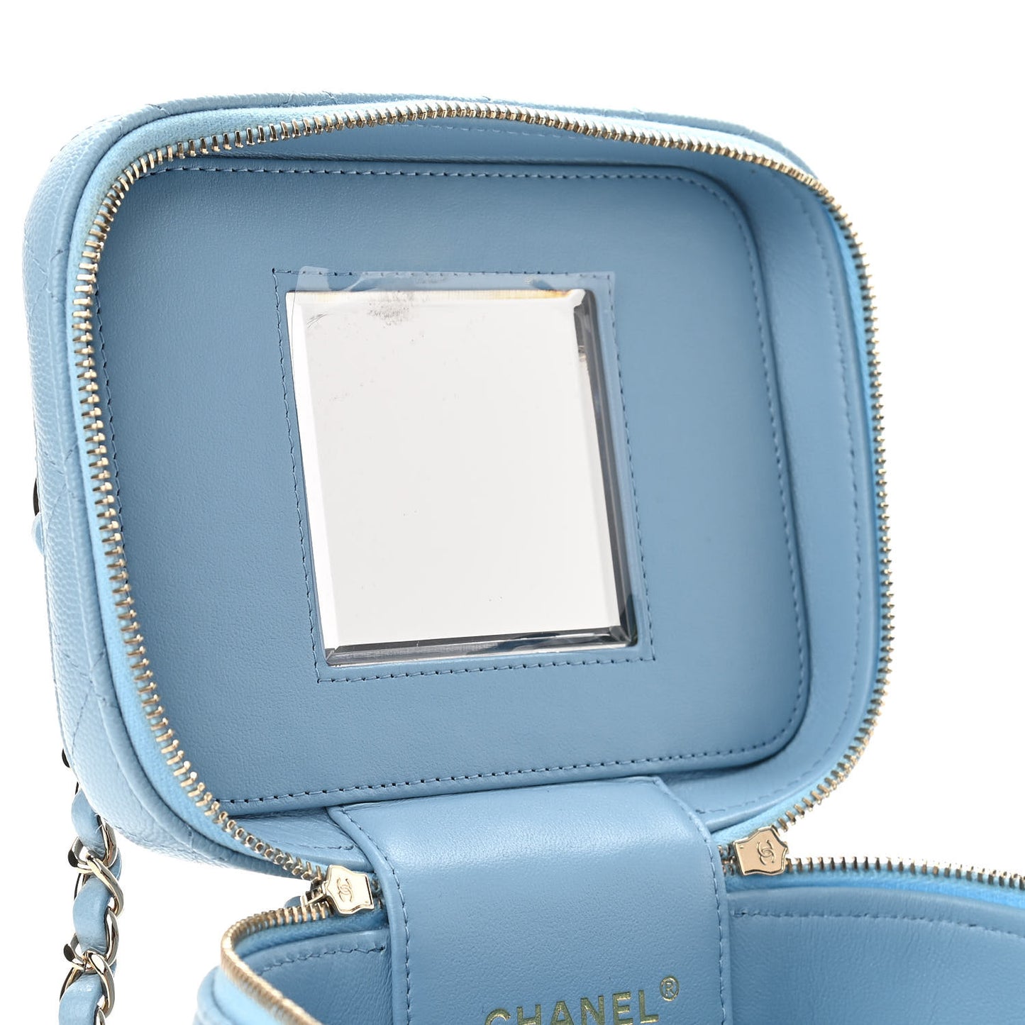 Caviar Quilted Top Handle Vanity Case With Chain Blue