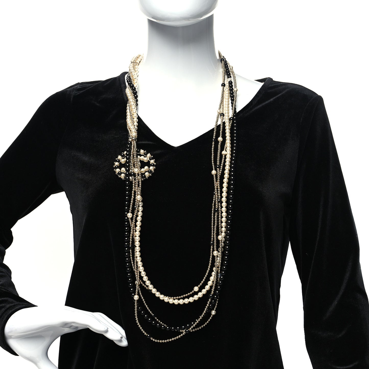 Pearl Beaded CC Multi Strand Long Necklace Black Gold