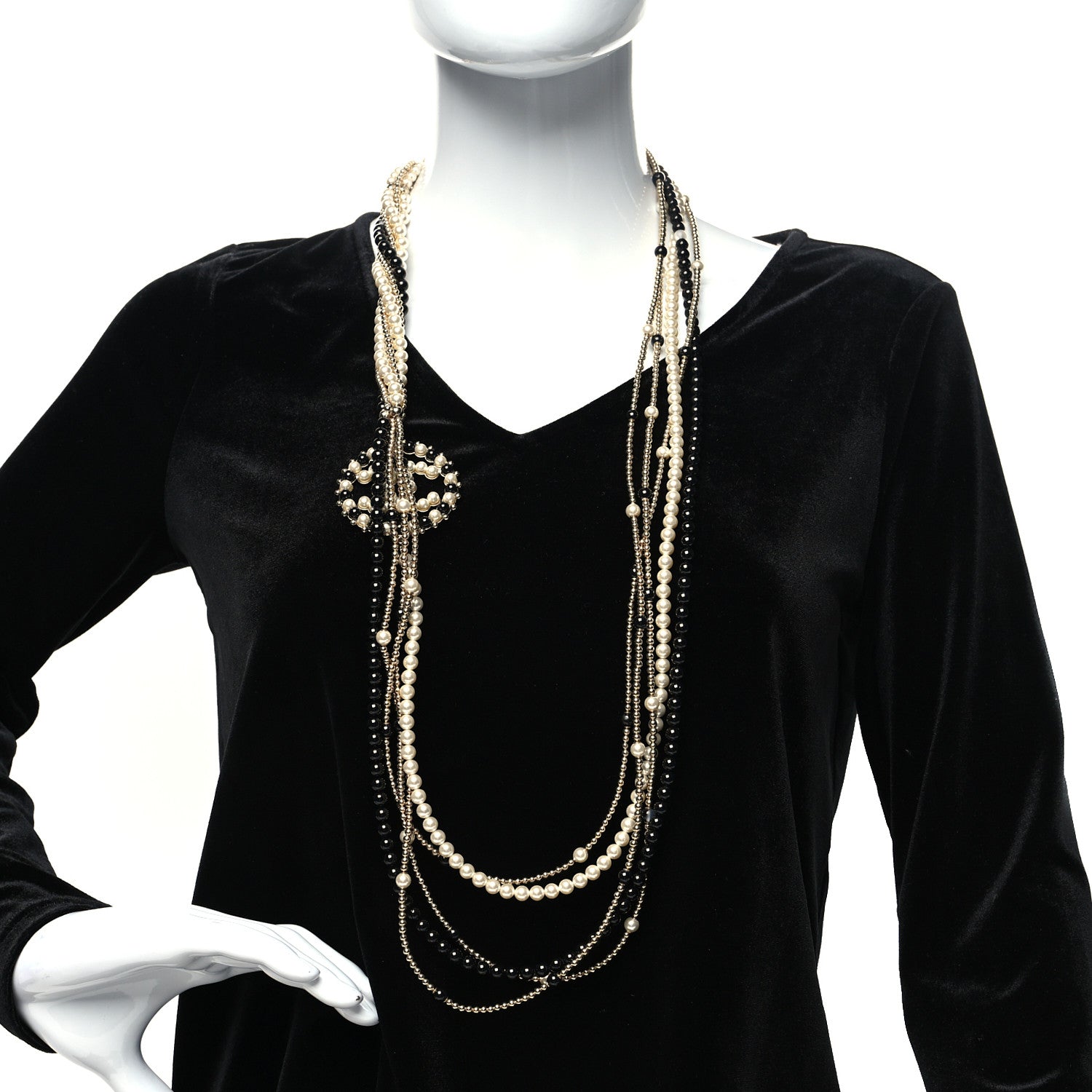 Chanel Pearl Beaded CC Multi Strand Long Necklace Black Gold 2 of 6