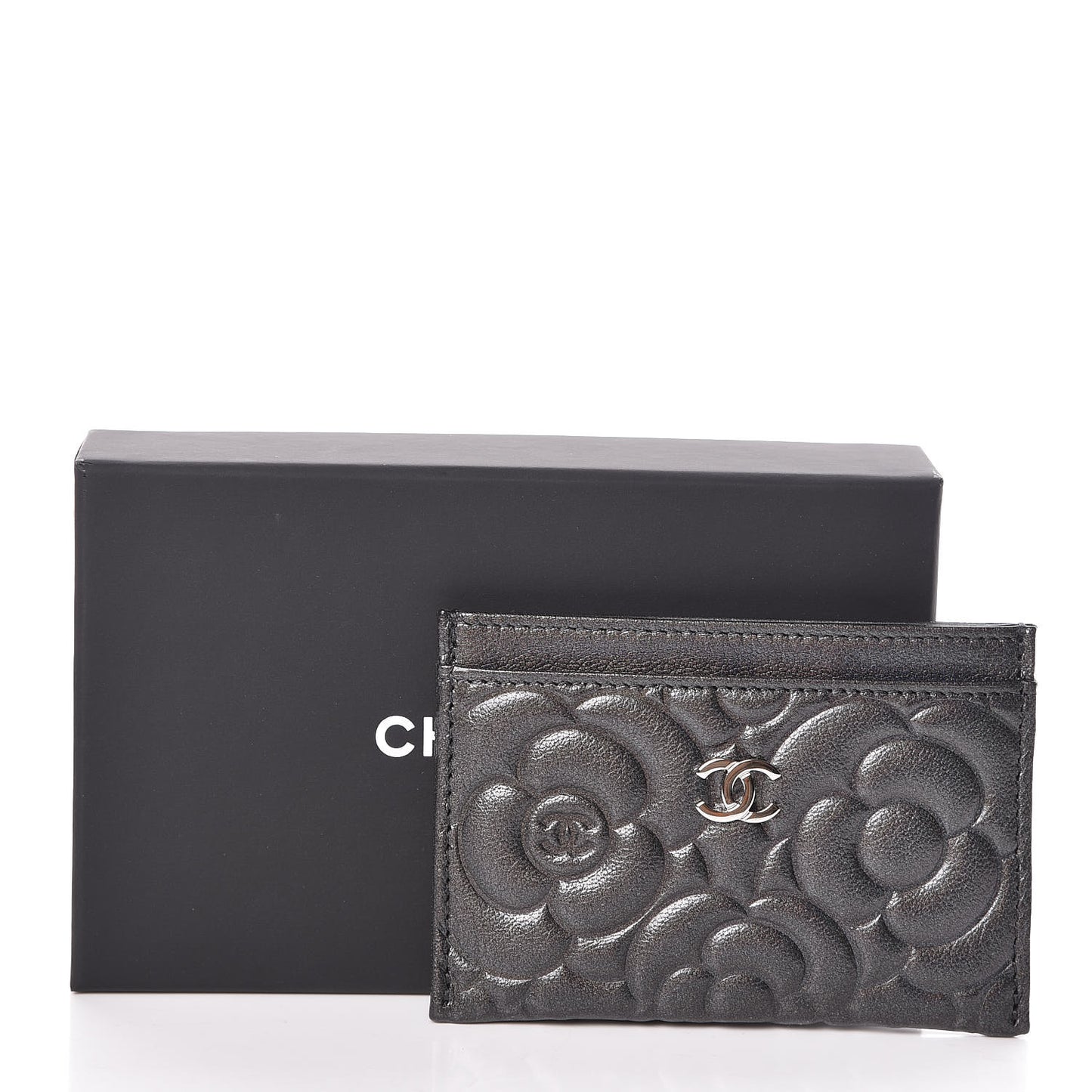 Goatskin Camellia Embossed Card Holder Anthracite