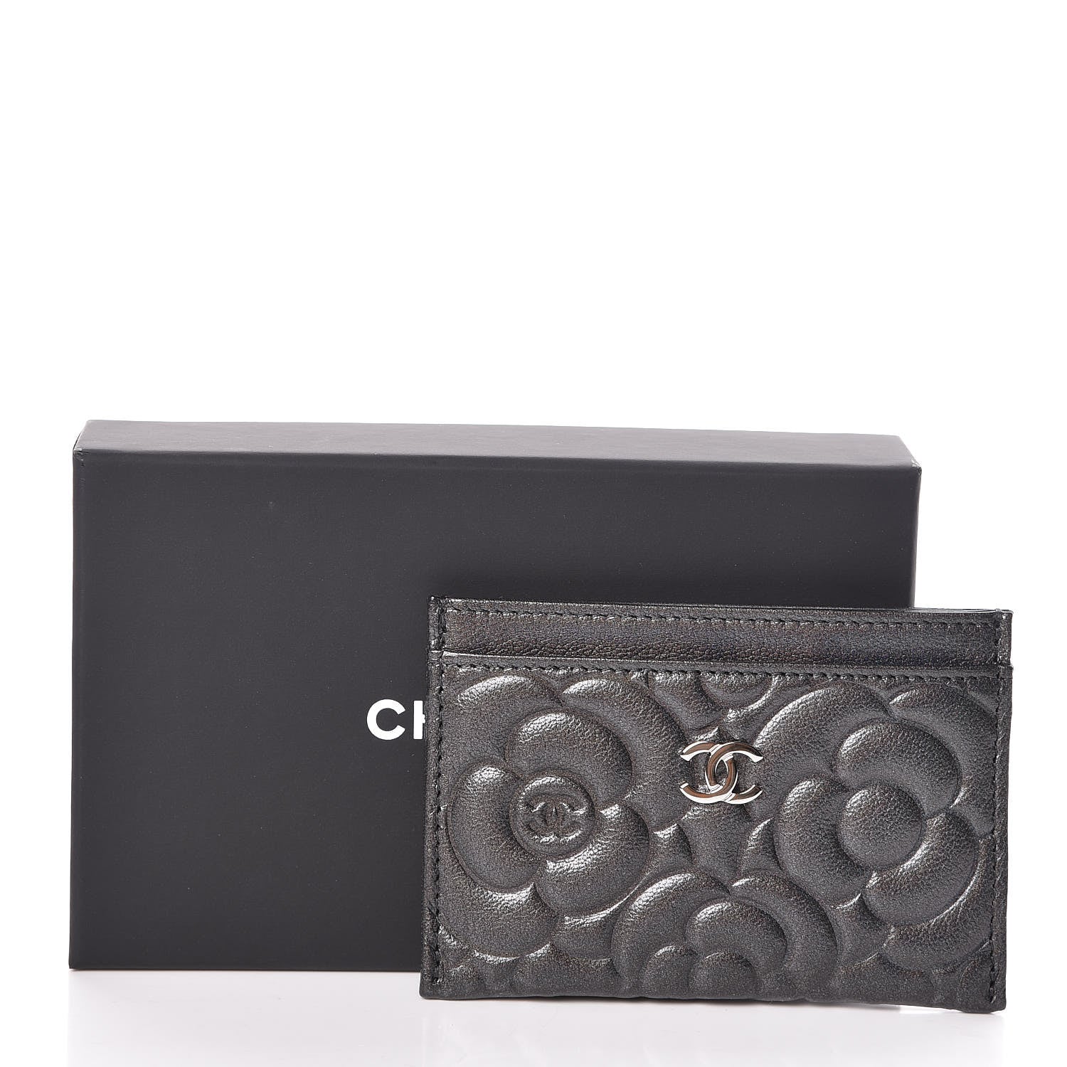 Chanel Goatskin Camellia Embossed Card Holder Anthracite 9 of 9