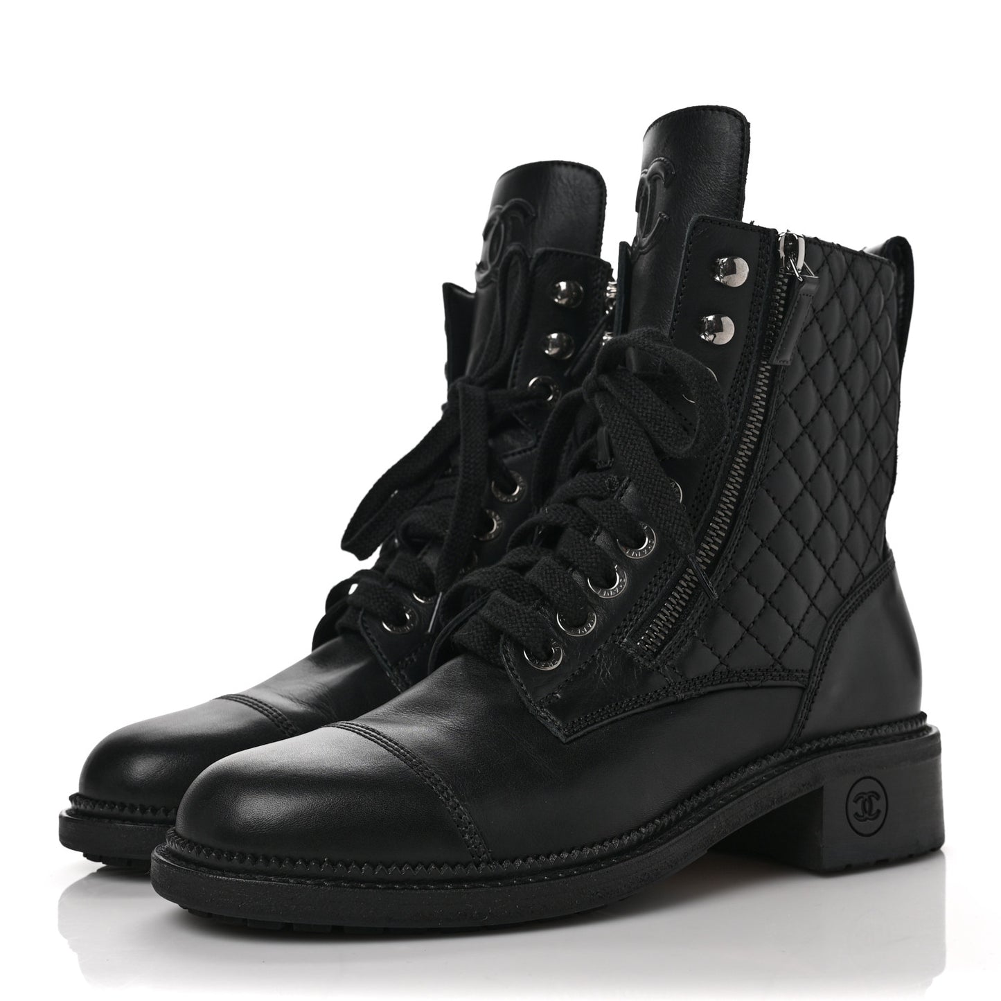 Calfskin Quilted Lace Up Combat Boots 38.5 Black