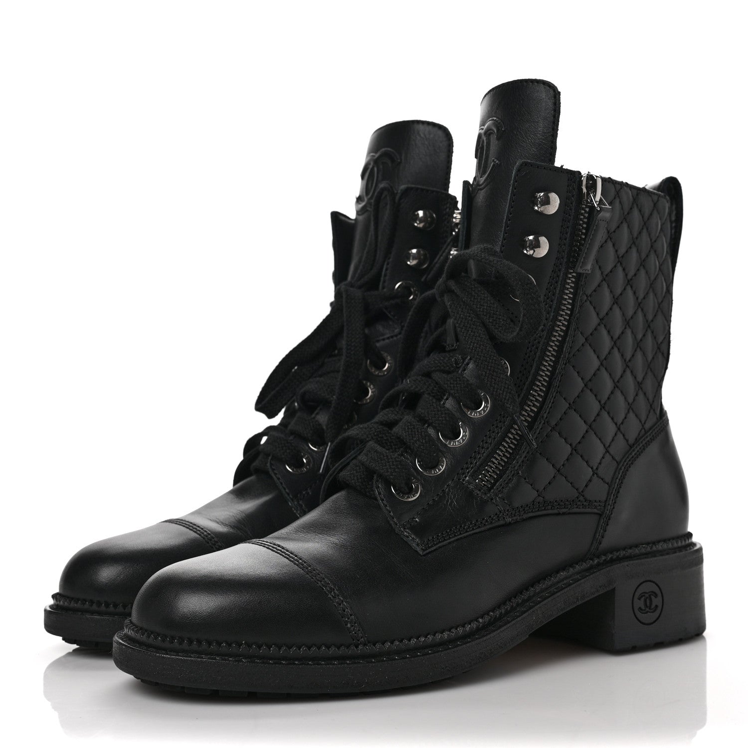 Chanel Calfskin Quilted Lace Up Combat Boots 38.5 Black 3 of 9
