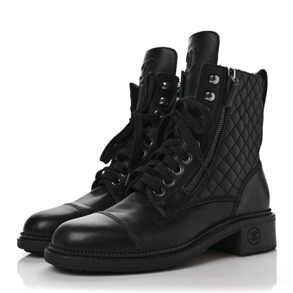 Chanel Calfskin Quilted Lace Up Combat Boots 38.5 Black 3 of 9