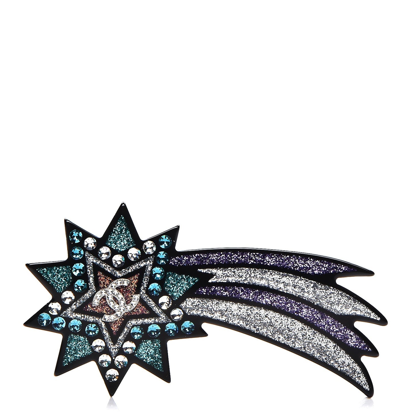 Glittered Resin Strass Shooting Star Brooch Black Purple Green