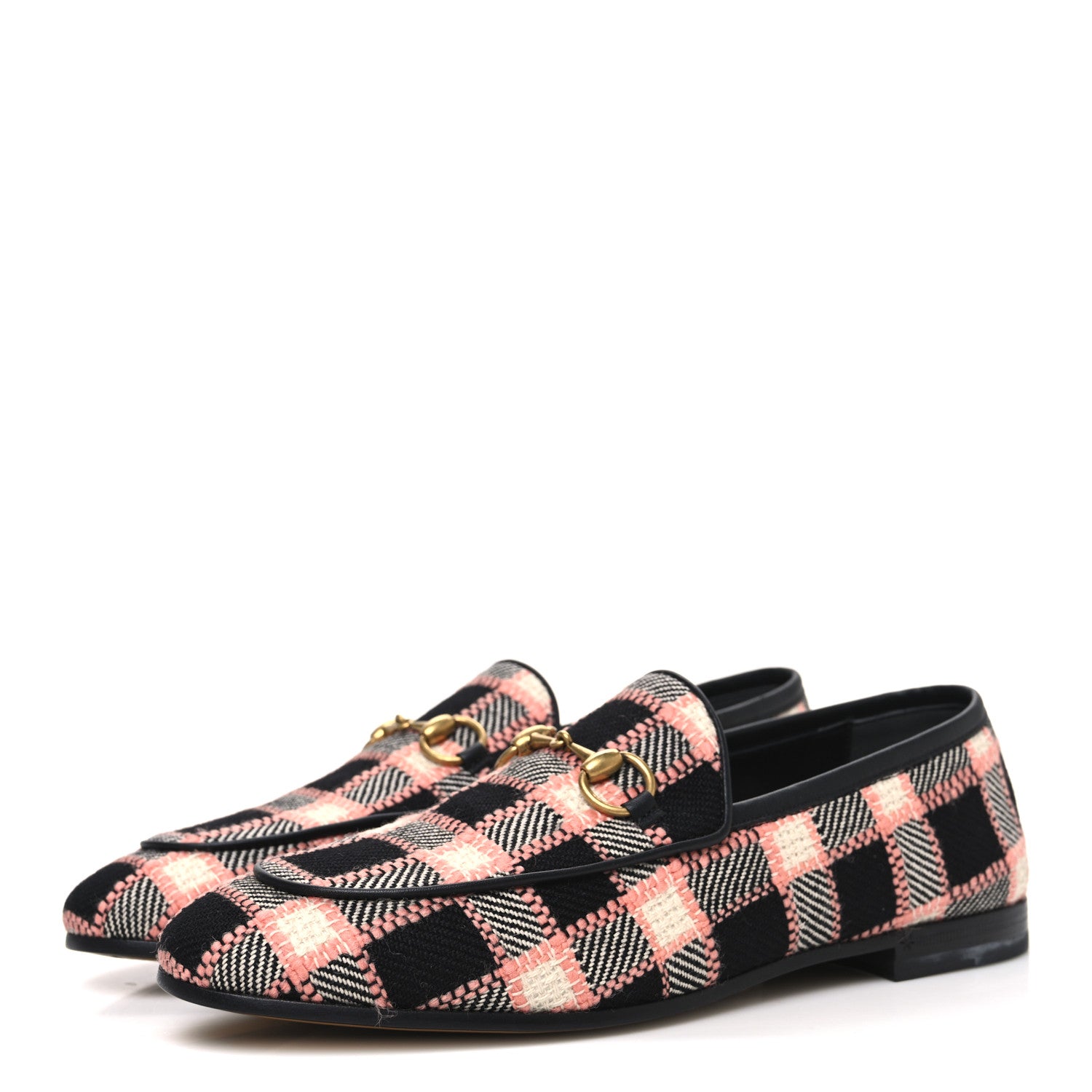 Gucci Tweed Check Horsebit Womens Jordaan Loafers 37 Black Pink Multicolor 4 of 11