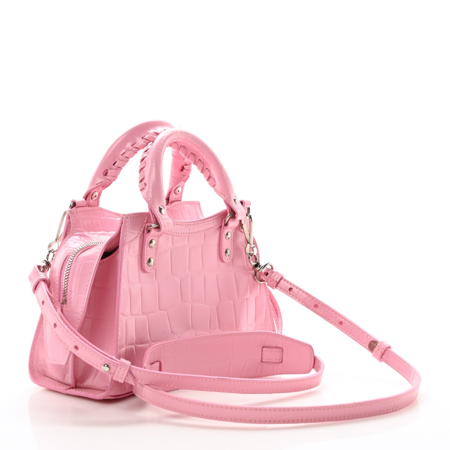 Balenciaga Semi Shiny Calfskin Crocodile Embossed Neo Classic Silver Hardware Mini City Pink 3 of 11