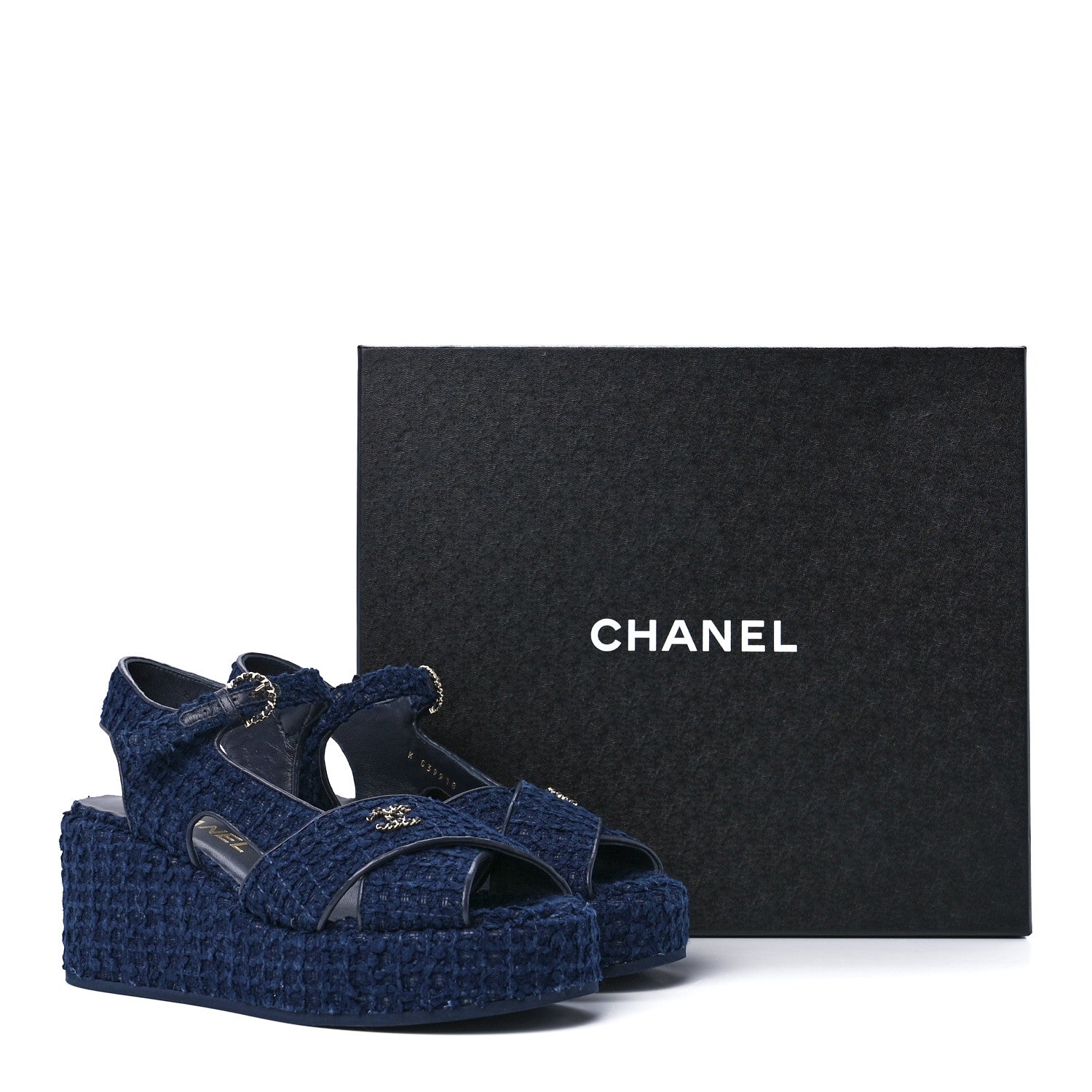 Chanel Silk Linen Tweed Quilted CC Platform Sandals 37 Navy Blue Gray 9 of 9