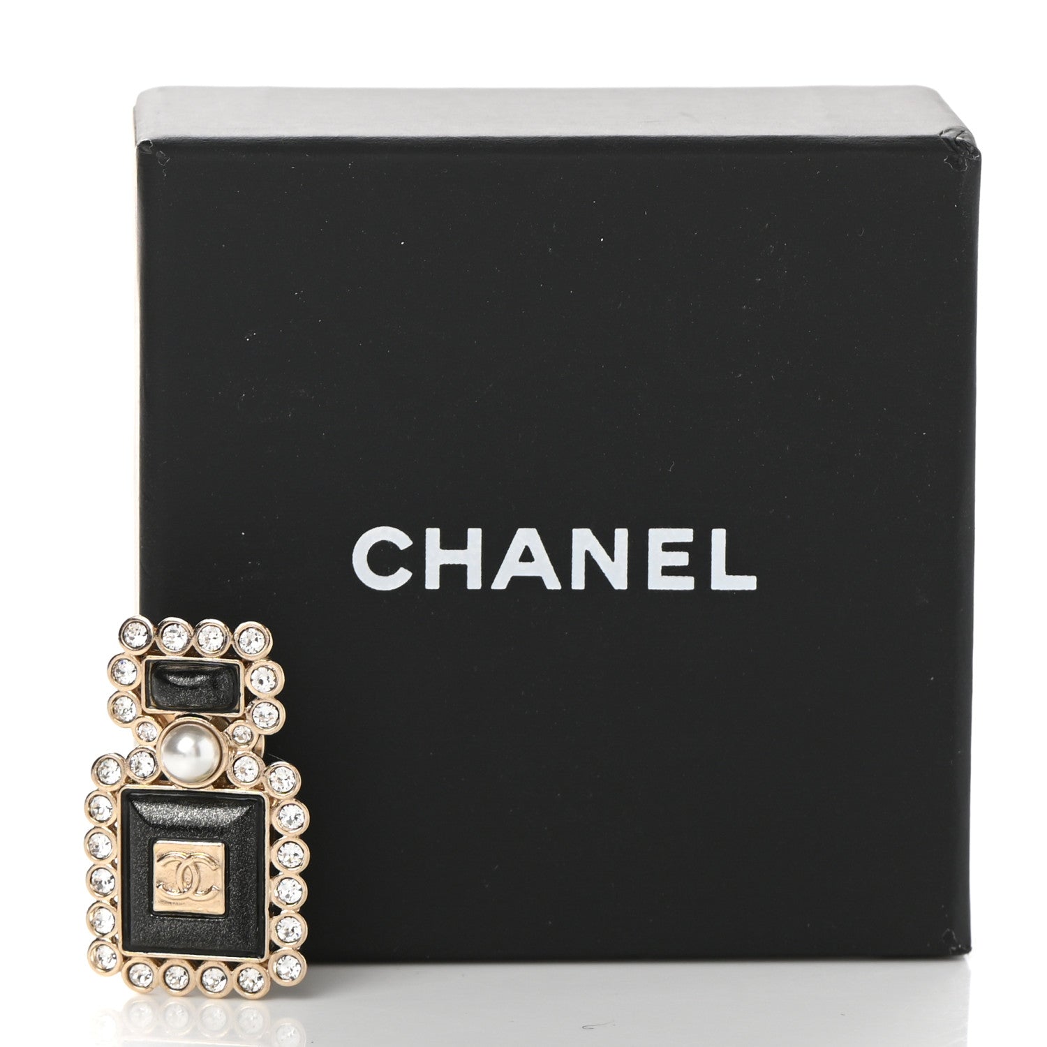 Chanel Resin Crystal Pearl Perfume Bottle CC Brooch Black Gold 5 of 5
